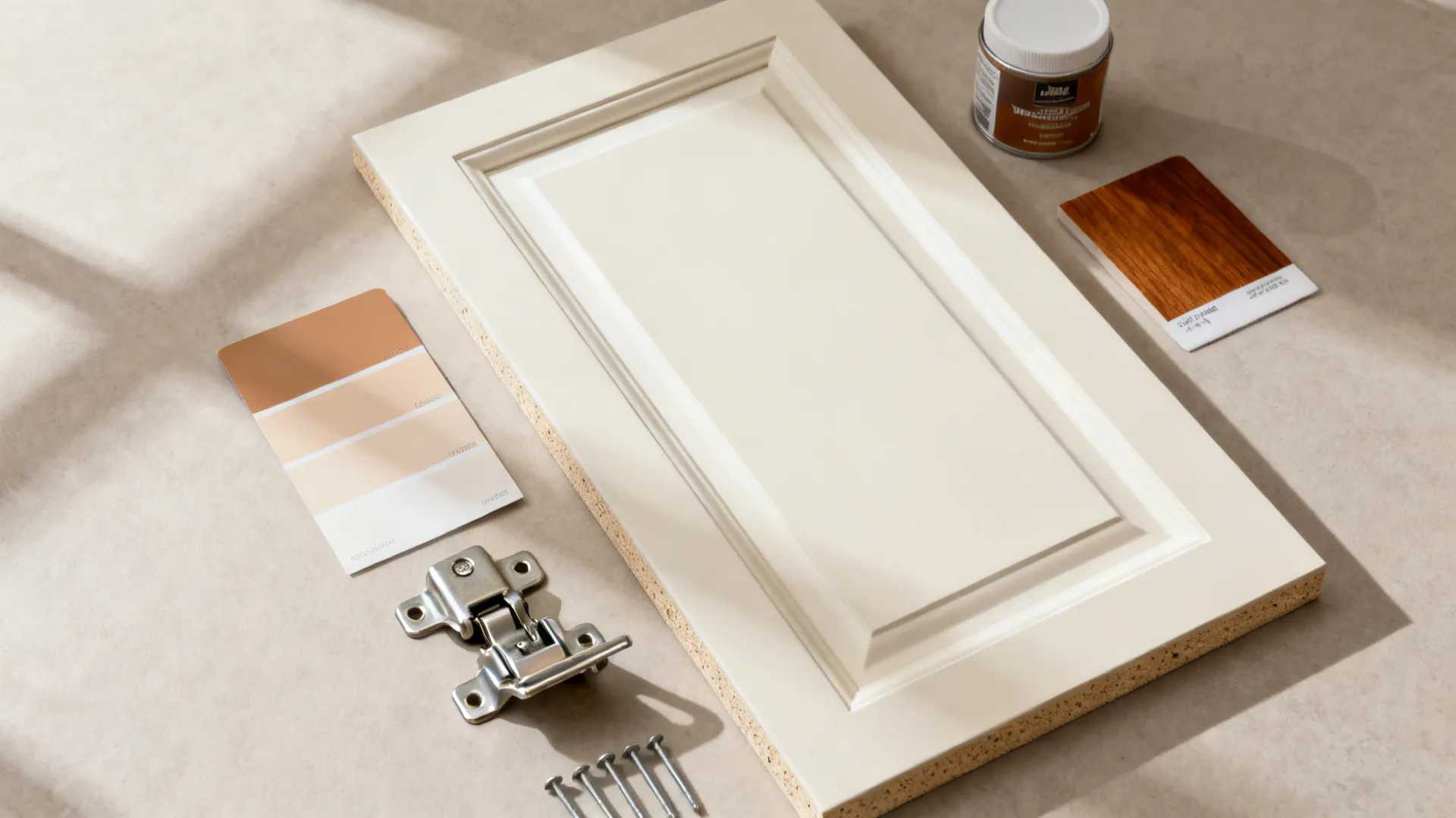 Flat lay of painted MDF, concealed hinges, soft-close parts, and neutral paint swatches.