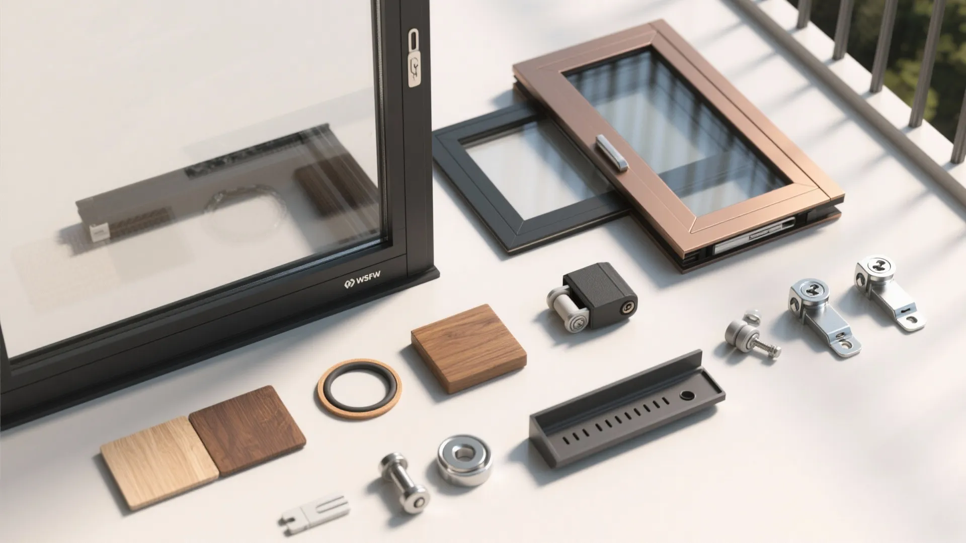 Various window frame samples and metal hardware parts displayed on a white surface for selection