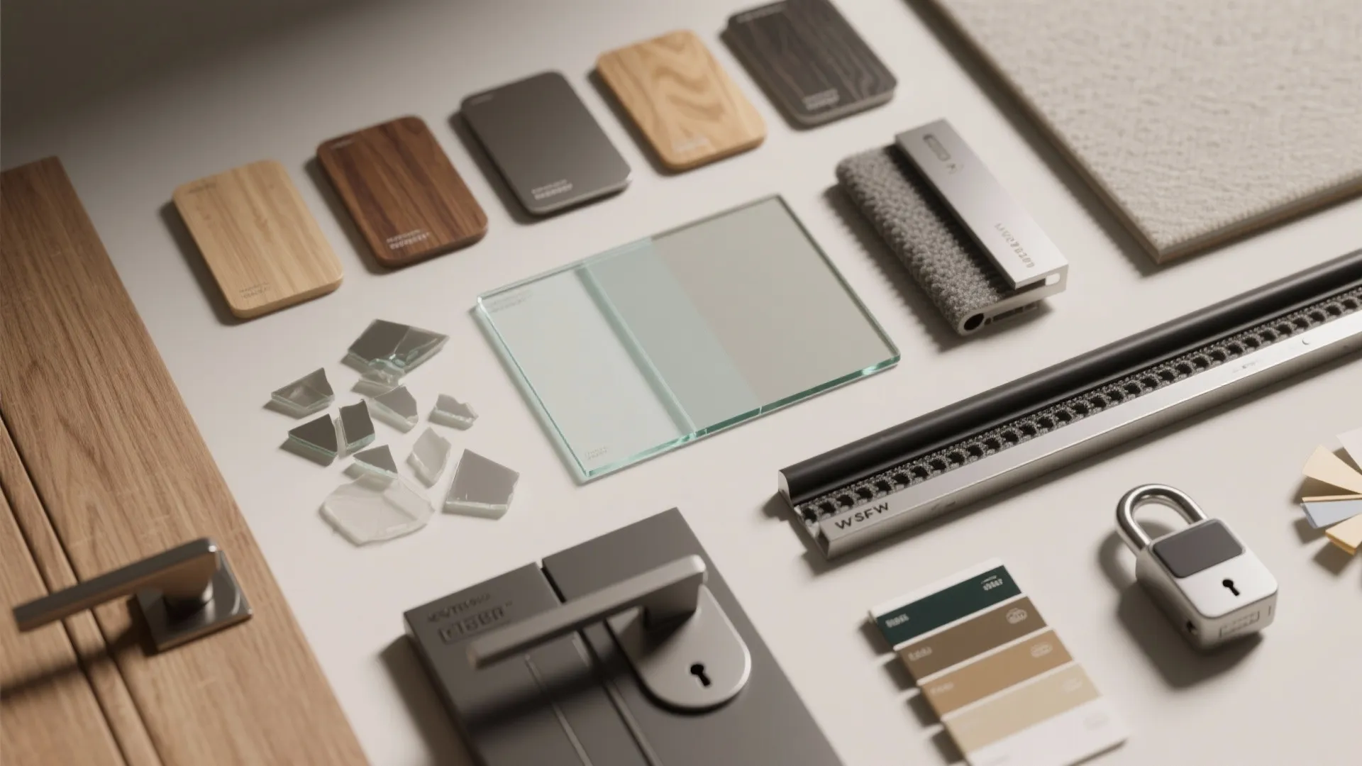 Door design materials including wood samples metal handles glass panels lock and small color cards