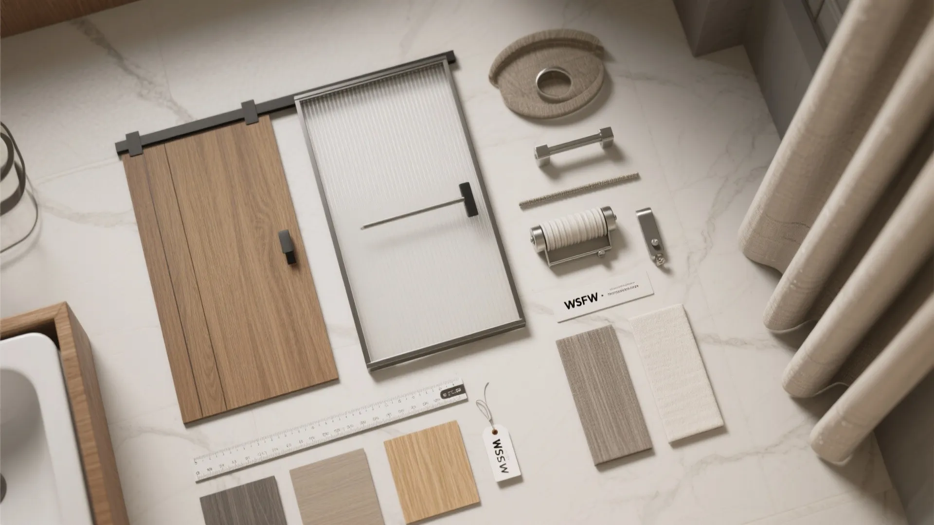 Interior design drawing showing wood door samples and glass panels with metal handles and curtains