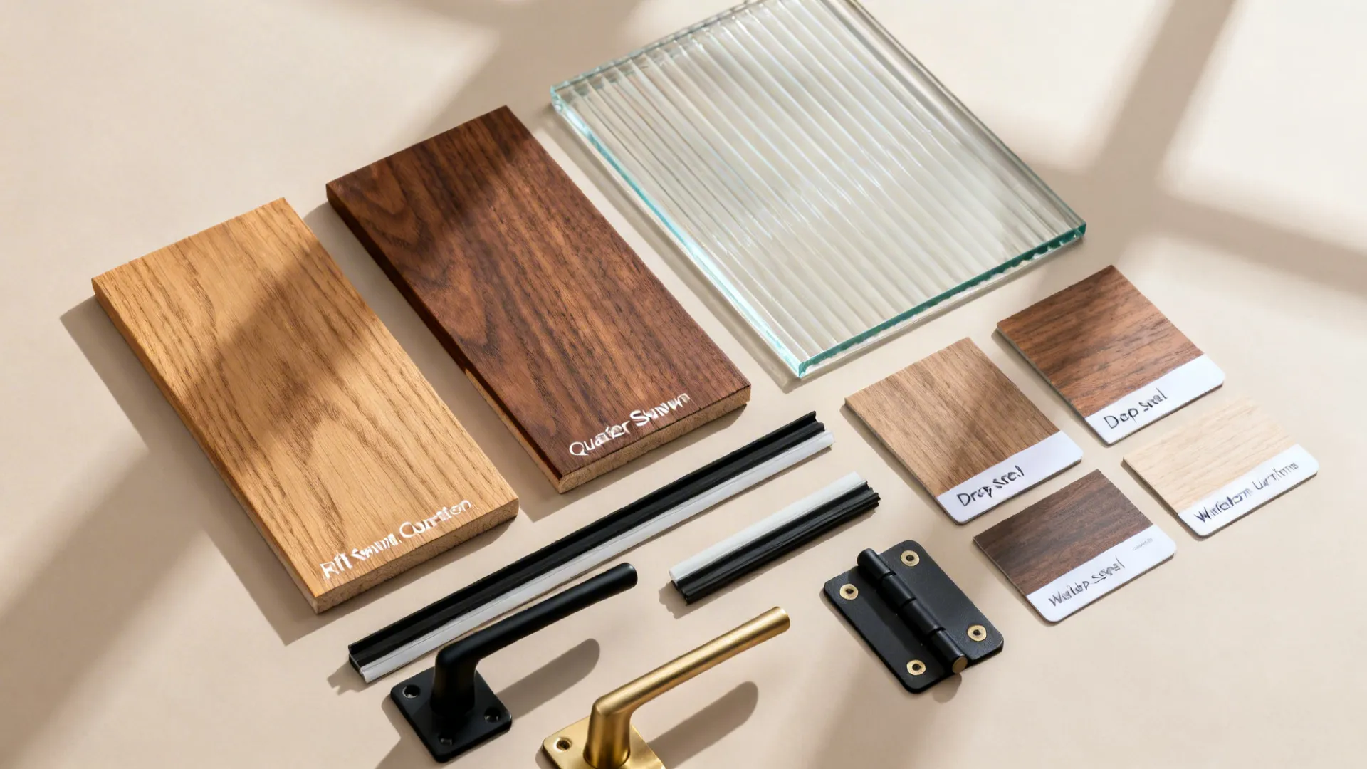 Collection of wooden board samples glass panel metal door handles and black hinges on background