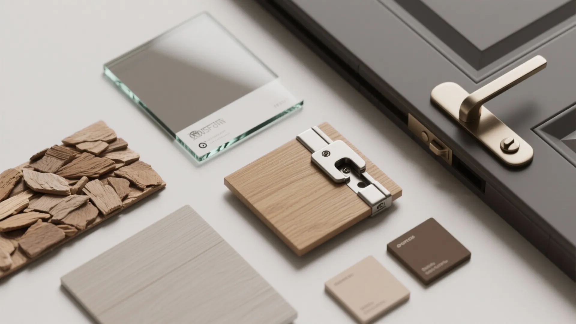 Collection of door design samples including wood panels glass pieces and a dark grey door