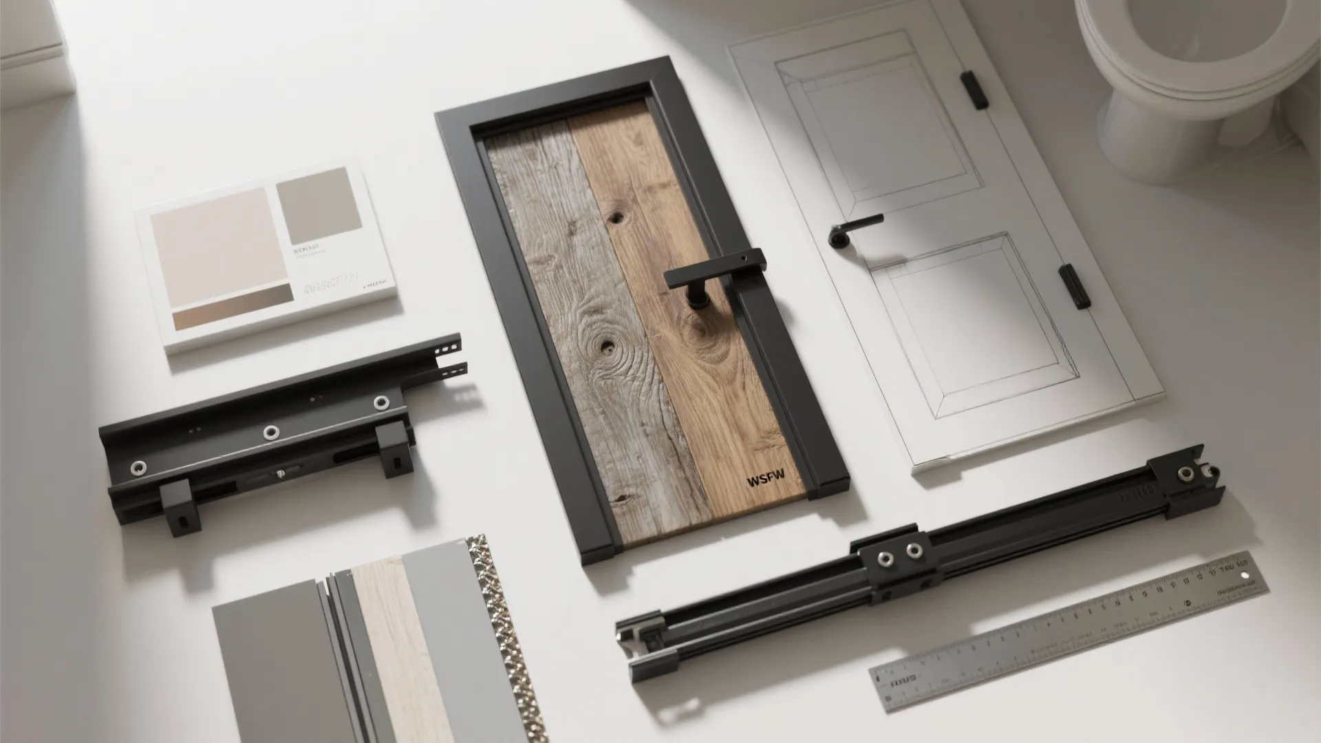 Flatlay of materials and hardware samples for pocket, barn, bi-fold, louvered and mirrored bathroom doors.