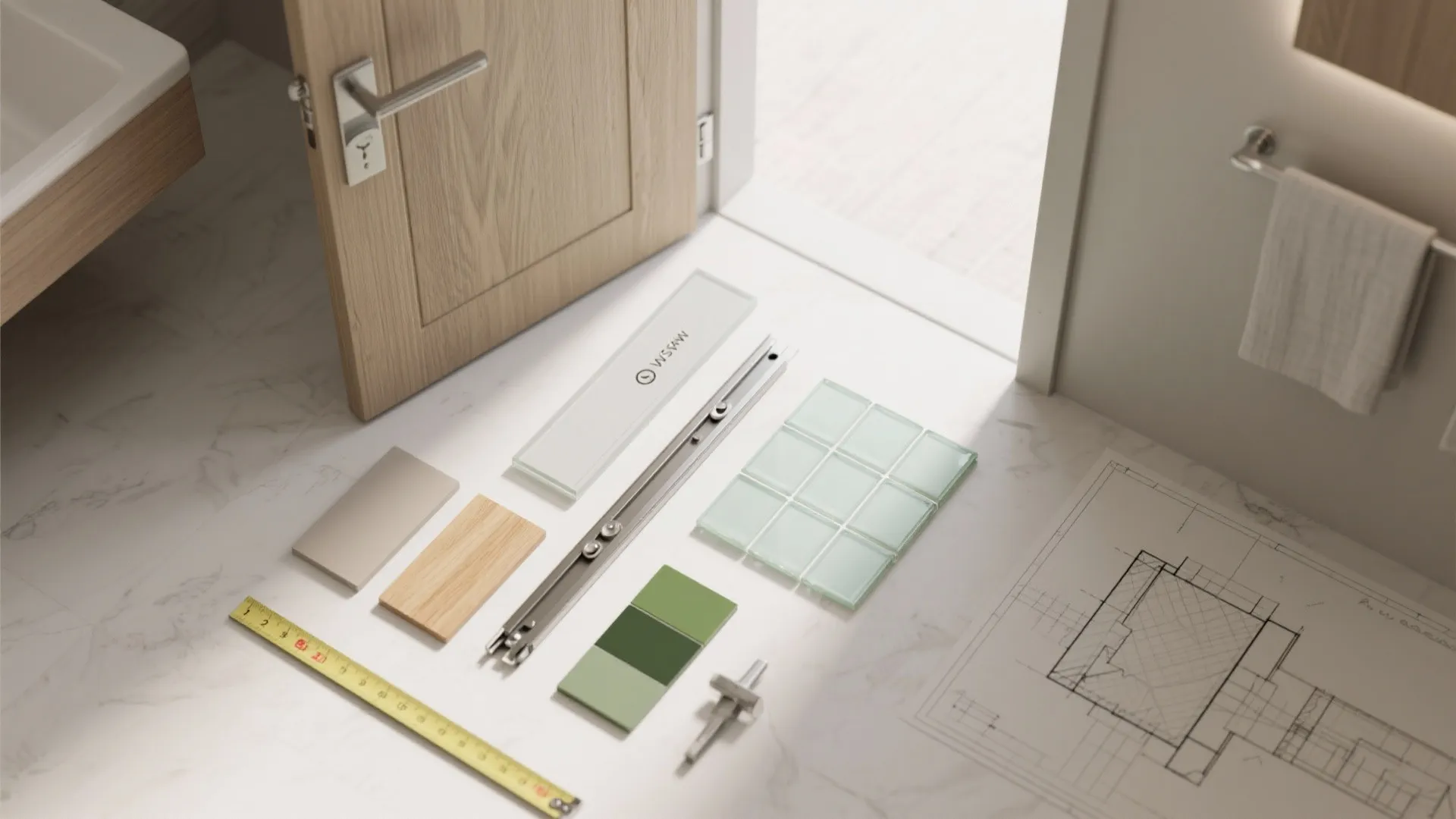 Various interior design materials including wood floor samples green tiles and a professional floor plan