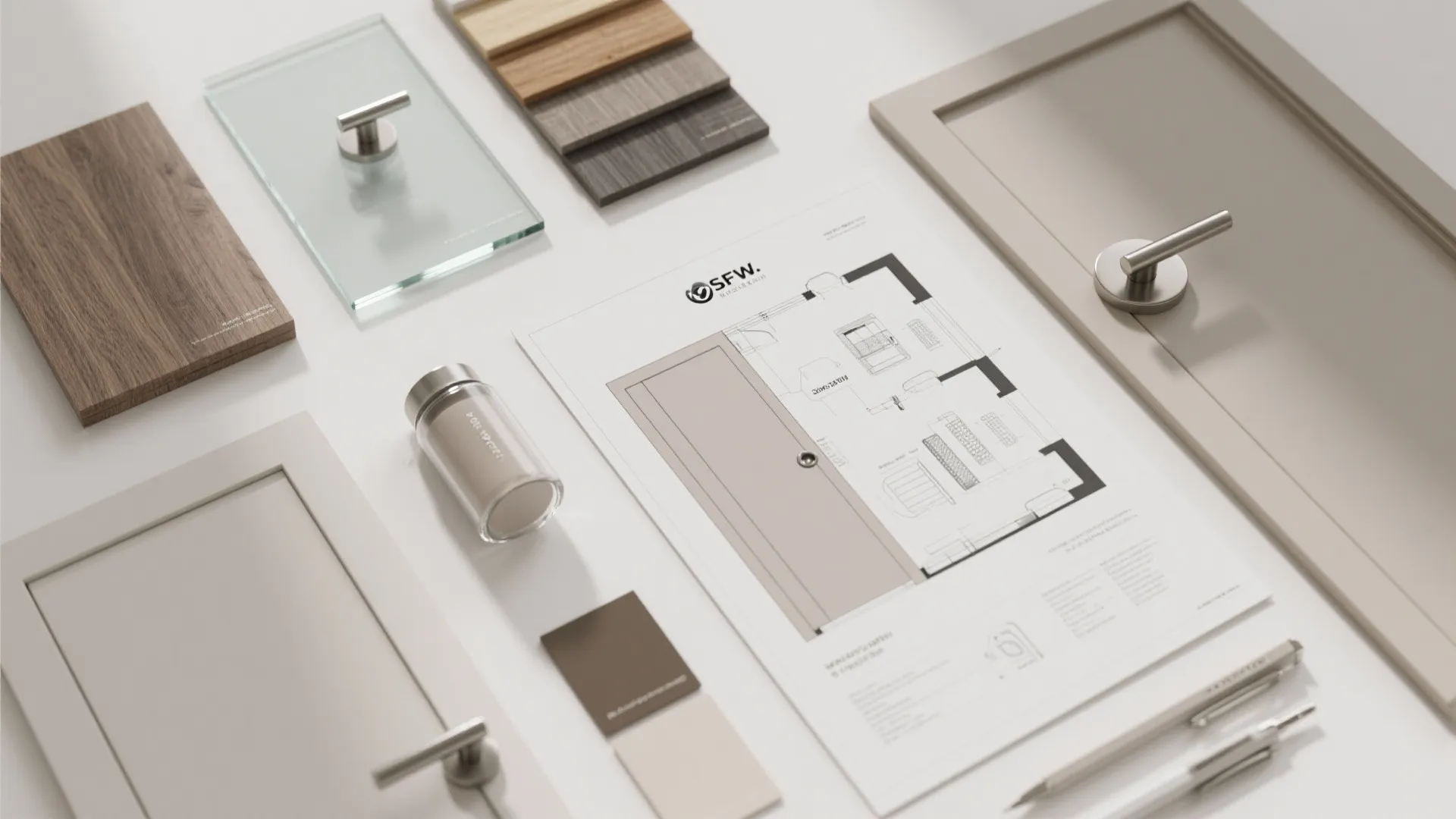 Interior design floor plan surrounded by wood samples cabinet door handles and various home materials
