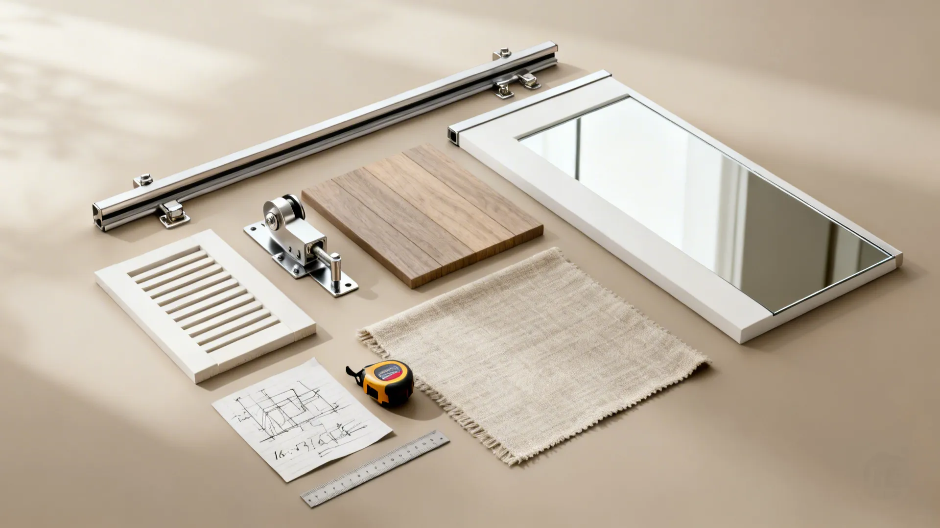 Flatlay of pantry door hardware and finish samples: pocket track, louver slat, barn roller, mirror edge, and linen swatch.