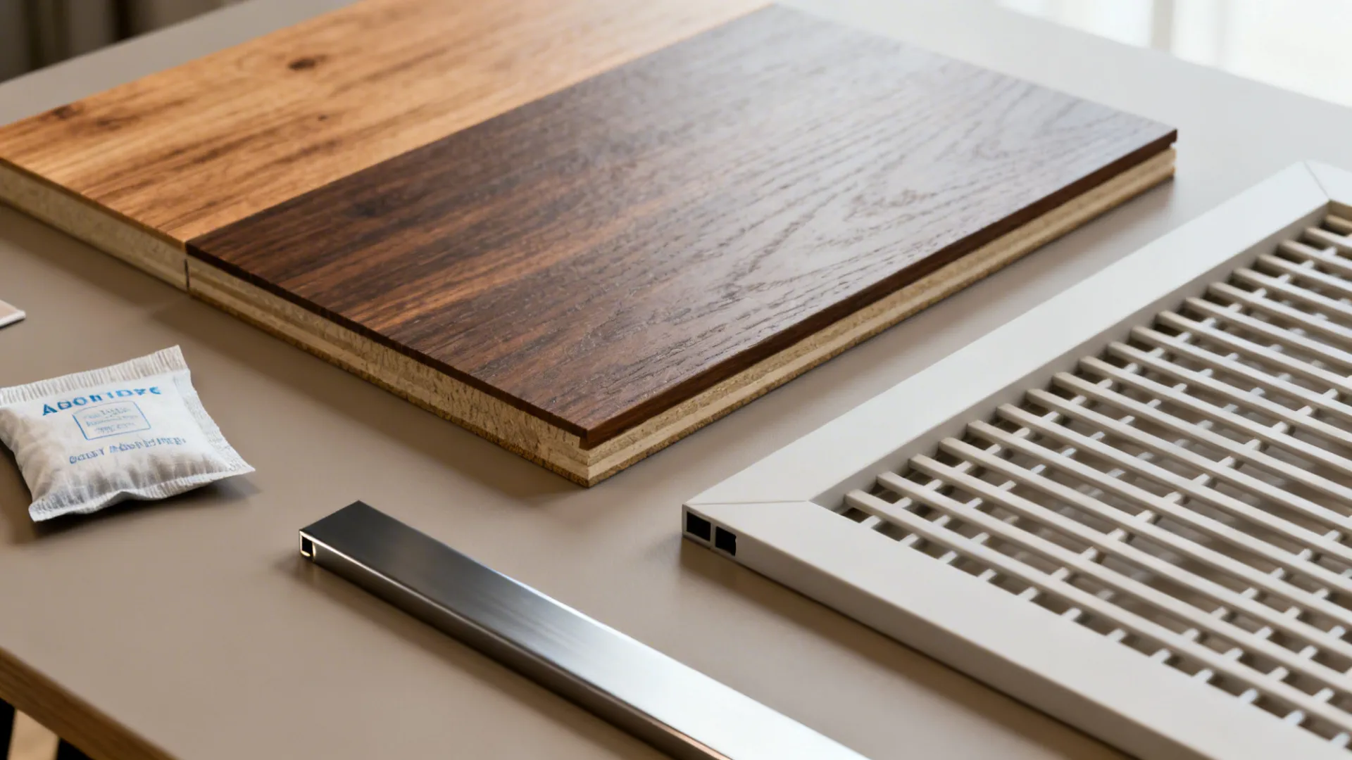 Material samples for front-door storage including sealed wood, laminate, powder-coated metal, and moisture sachet.