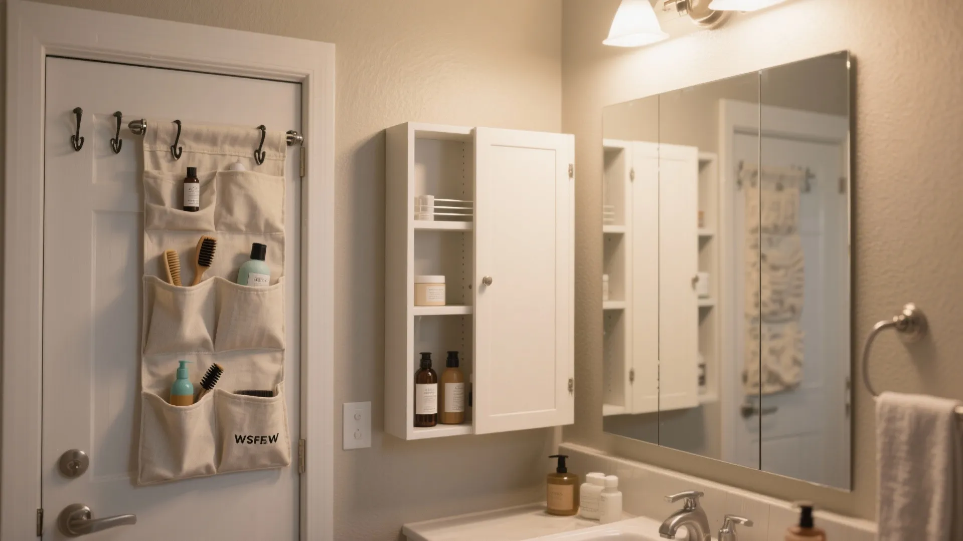 White bathroom cabinet next to a door with fabric hanging organizer and large wall mirror