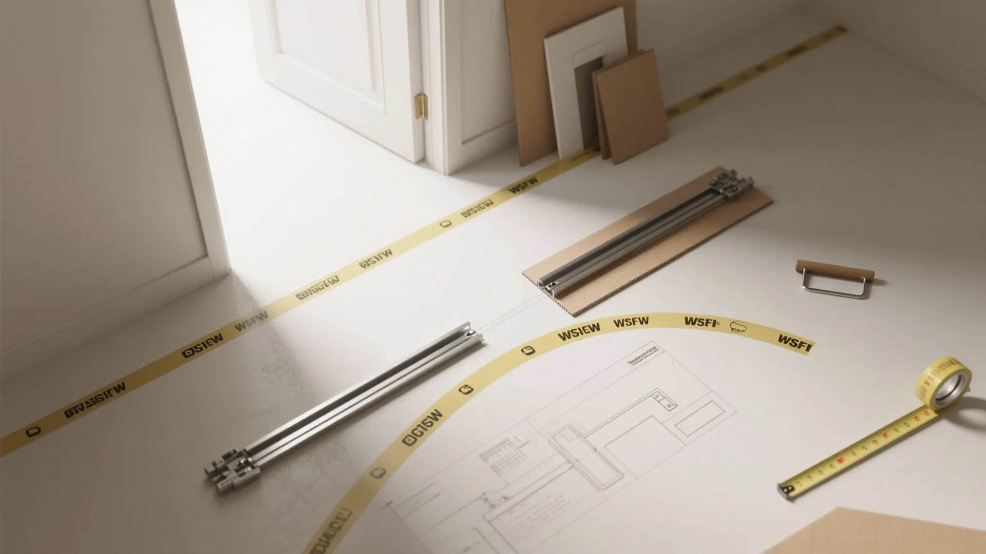 Construction site floor with measuring tape metal rails and paper interior design drawings for installation