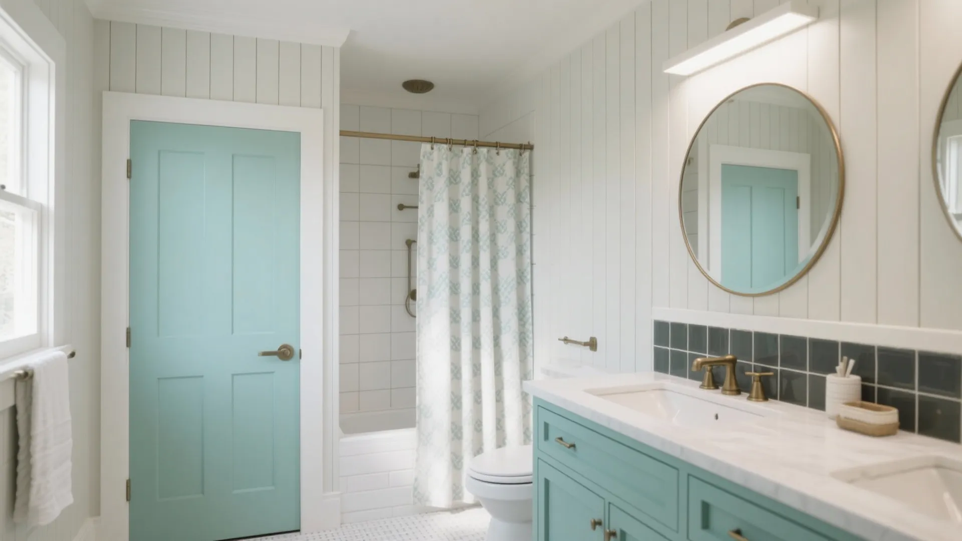 2) “Doors everywhere” motif—vertical lines that lift a small bath