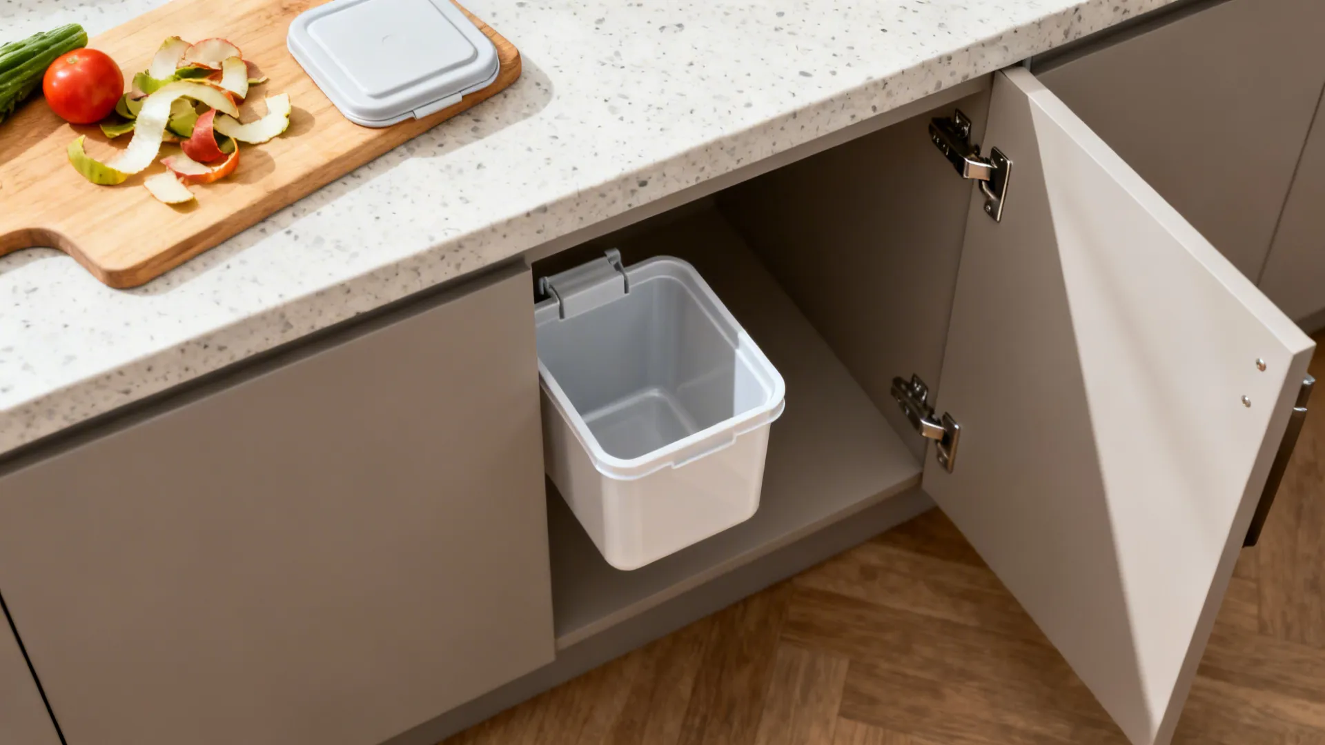 Top-down view of a cabinet door-mounted small bin for prep waste beside a chopping board.