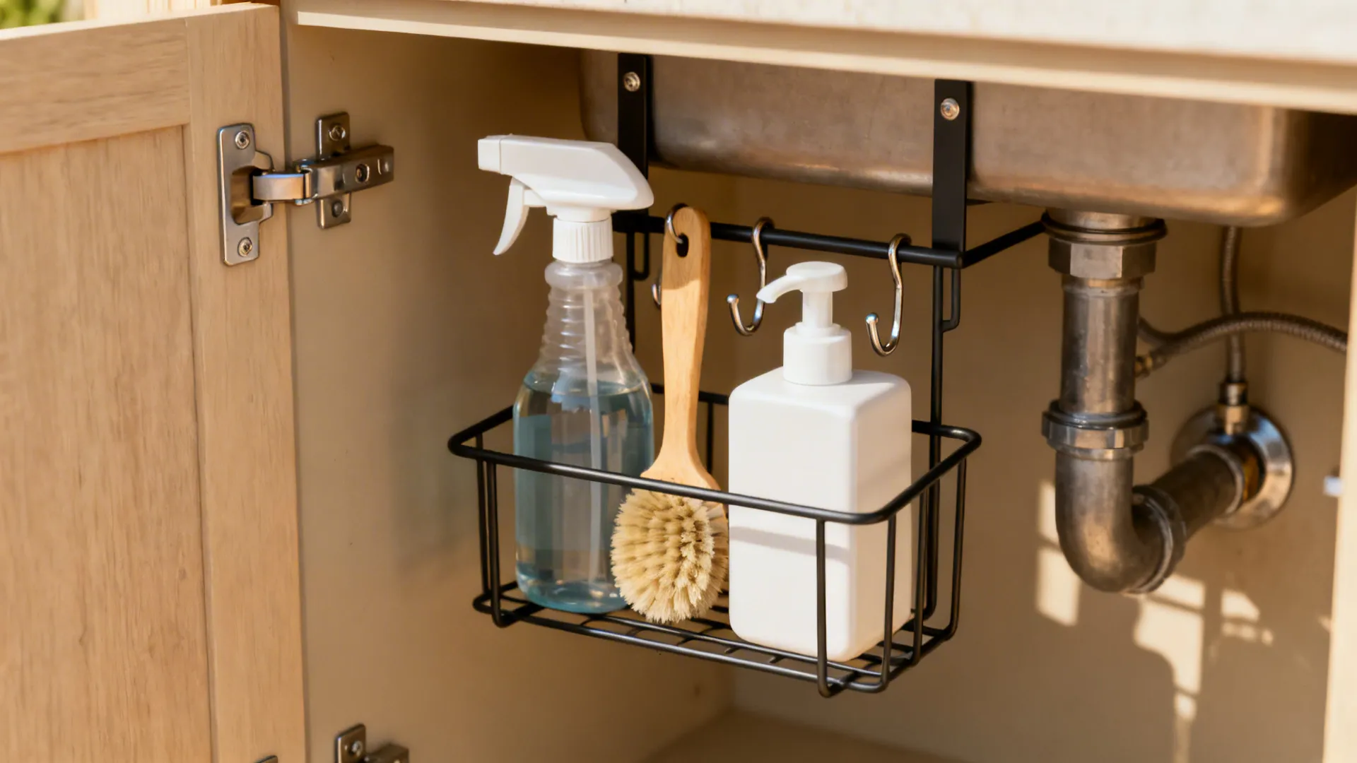 Inside of cabinet door with mounted caddy holding spray bottles and hooks for brushes.
