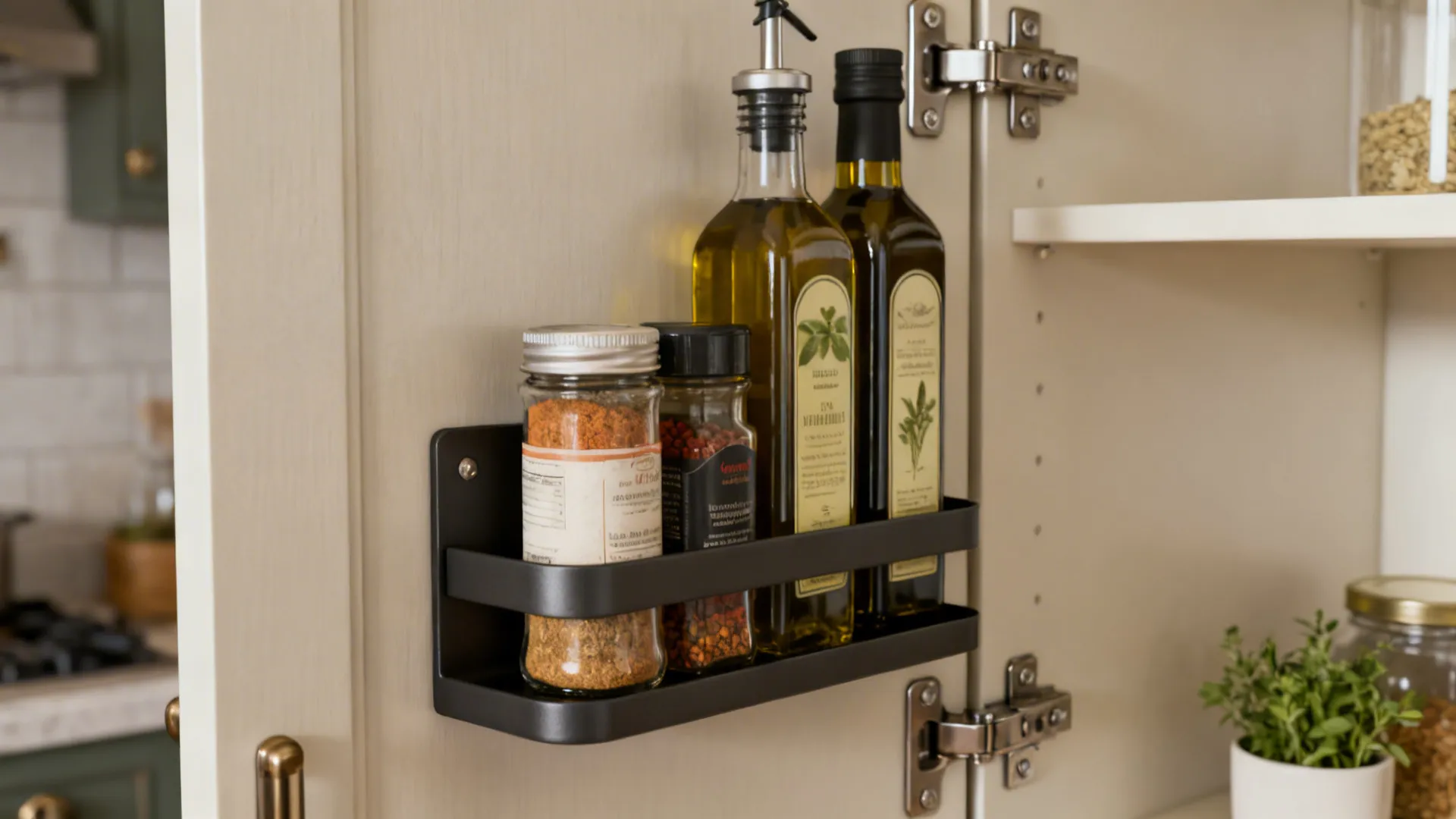 Back of a slim pantry door equipped with door-mounted racks holding spices and oils.