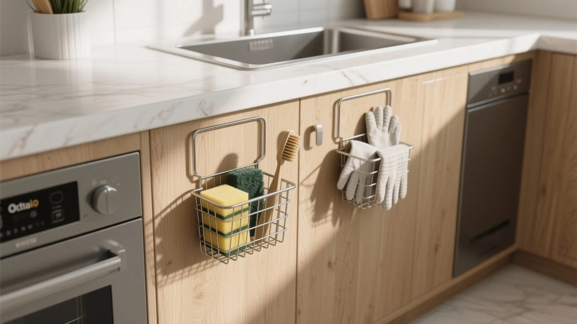 Cabinet doors with racks storing cleaning accessories