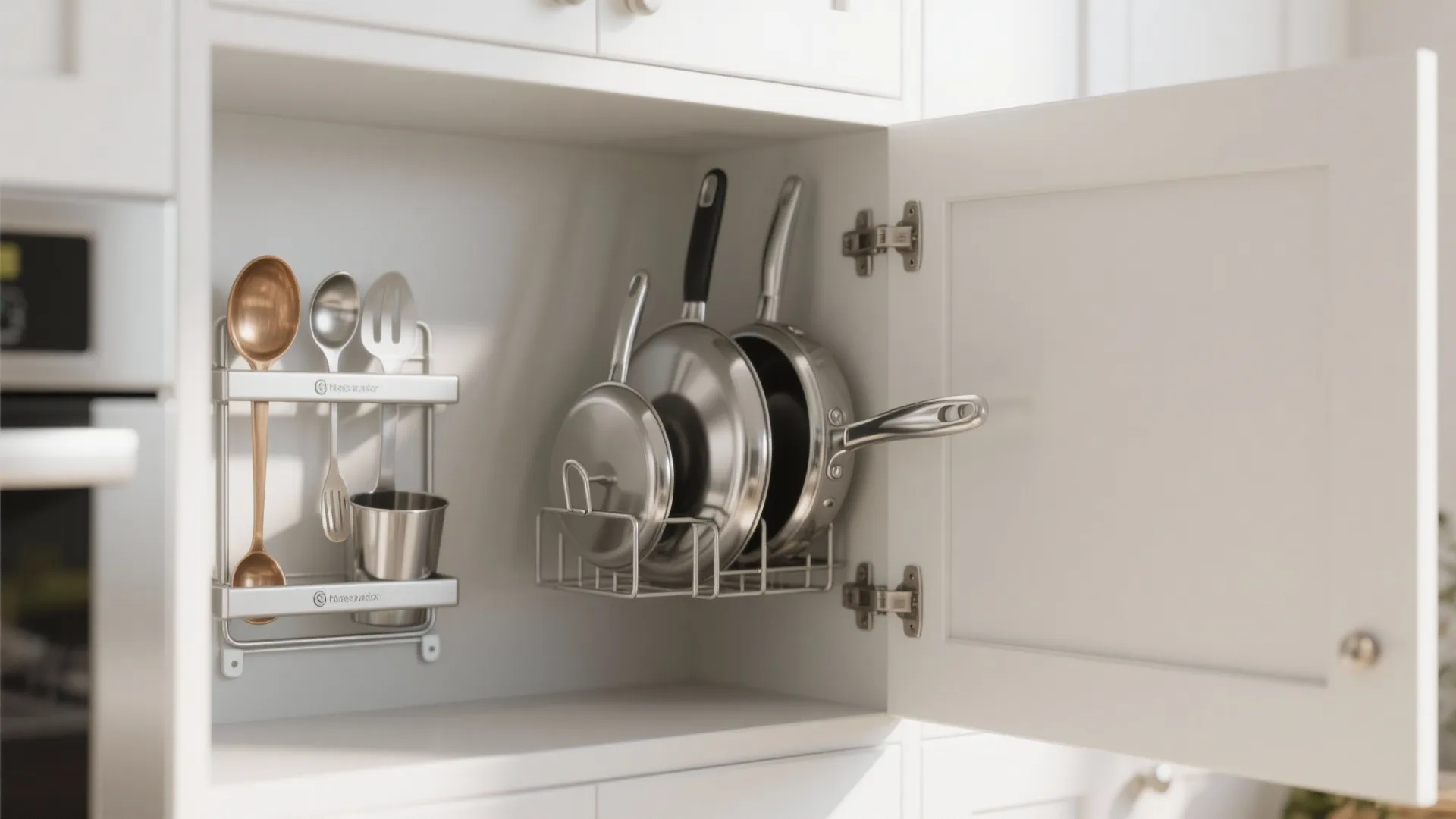 Inside a white kitchen cabinet with metal organizers holding cooking pans and various metal spoons