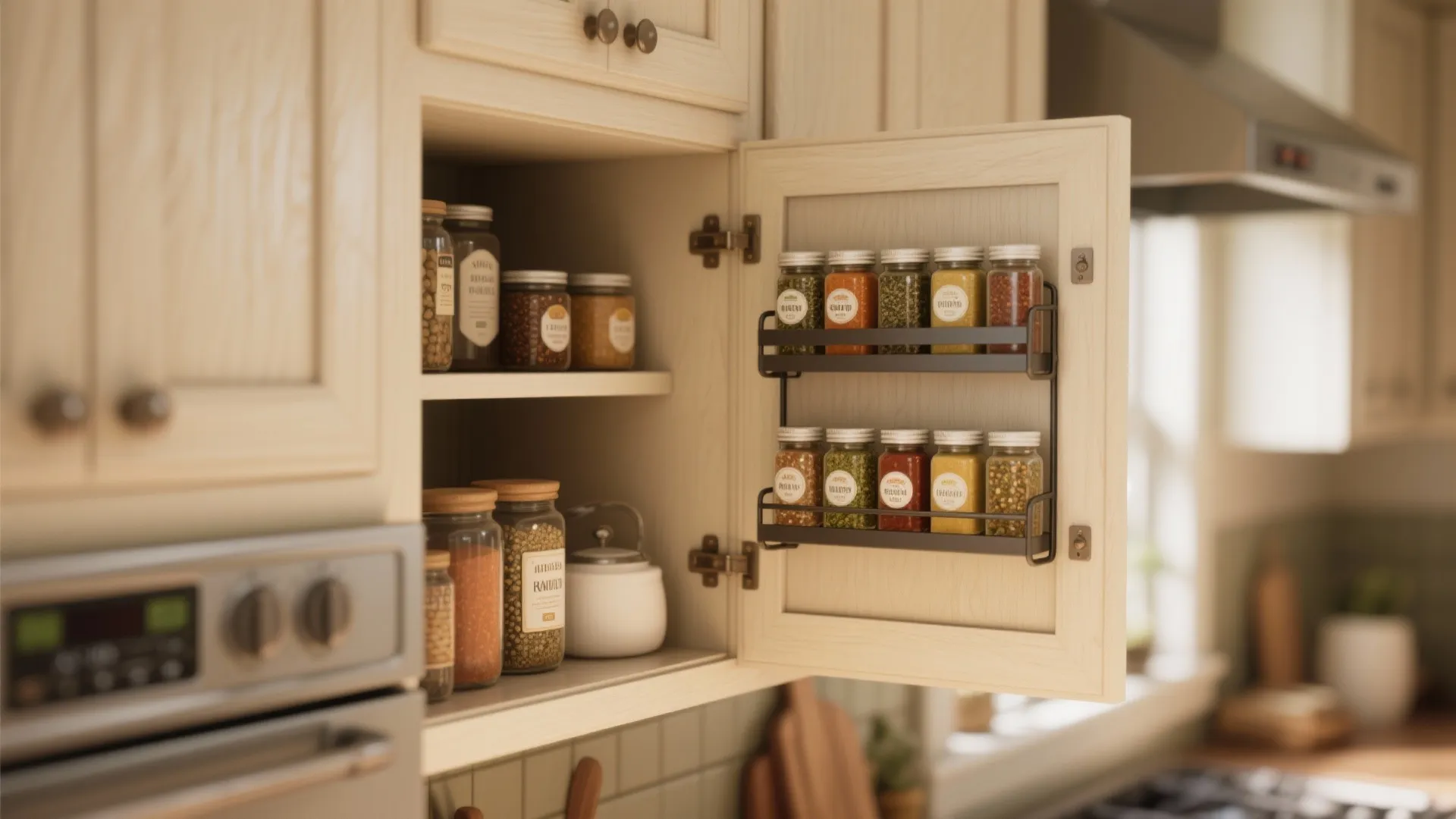 Light wood kitchen cabinet with door mounted black metal spice rack holding several small glass jars