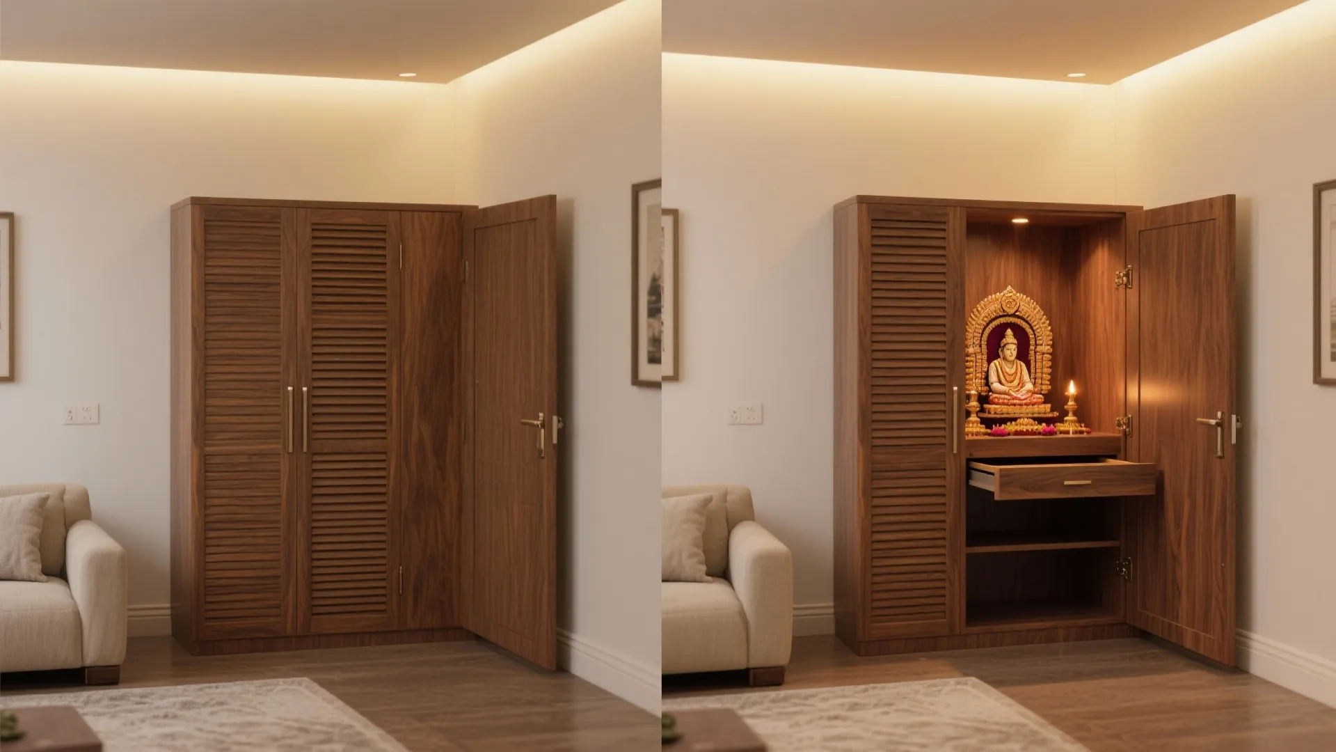 Pocket-door Corner Mandir for Multi-use Living Rooms