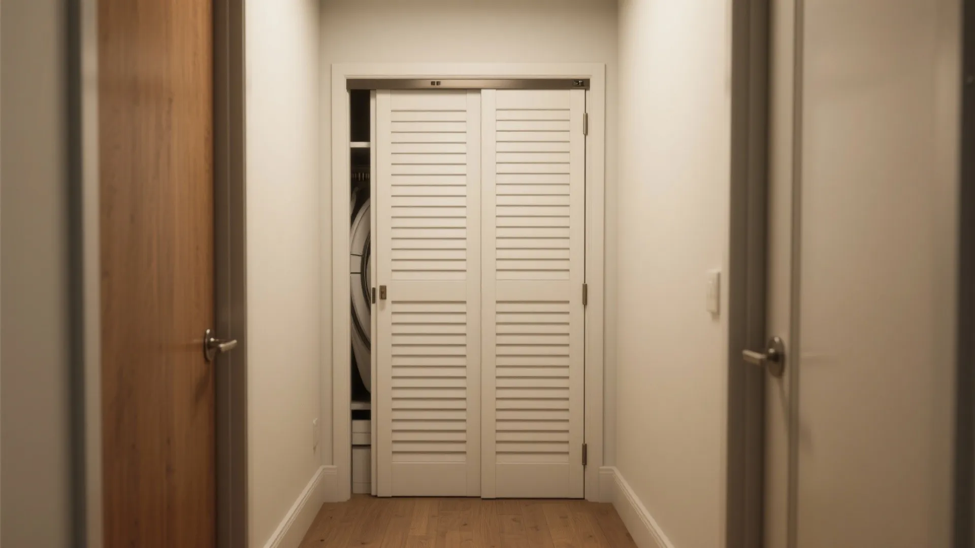 White sliding closet doors in a hallway with wooden floor and light beige walls interior
