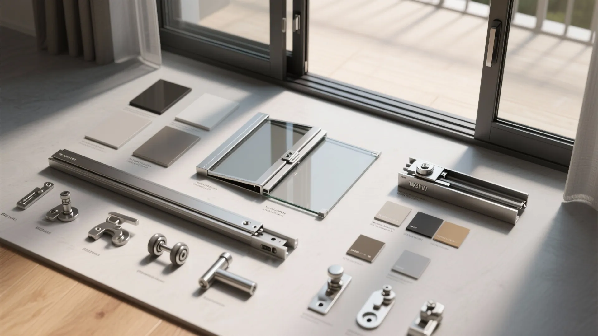 Display of various door hardware parts metal handles glass samples and color swatches on floor