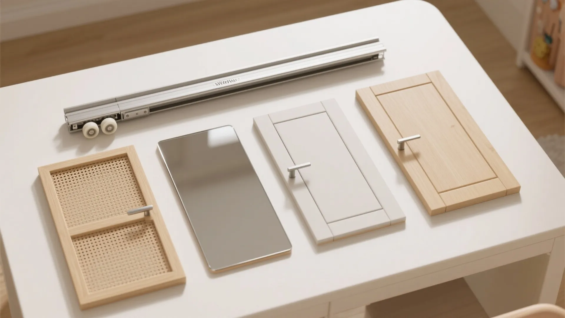 Four different cabinet door samples and a metal sliding track on a white work table
