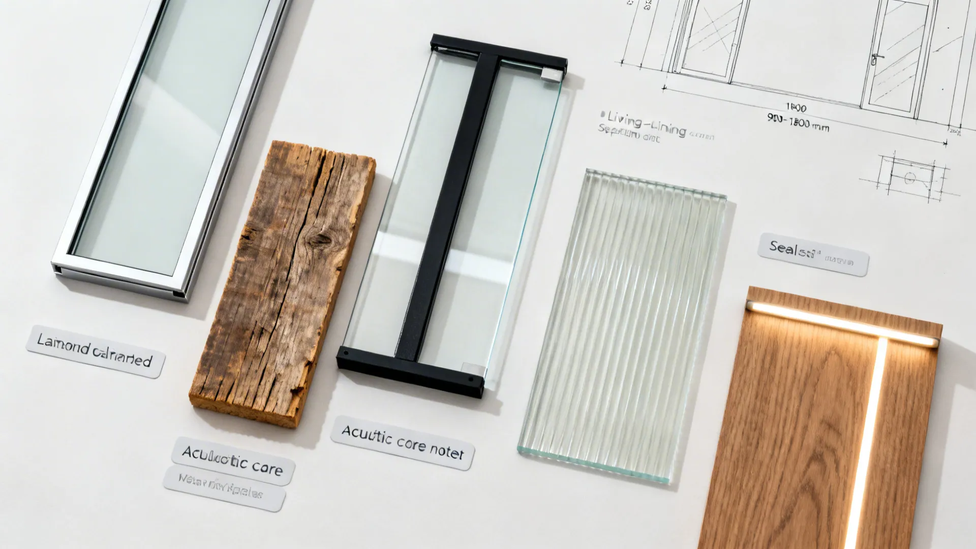 Top-down material flatlay with glass, steel, wood, and acoustic panel samples for living-dining door options.