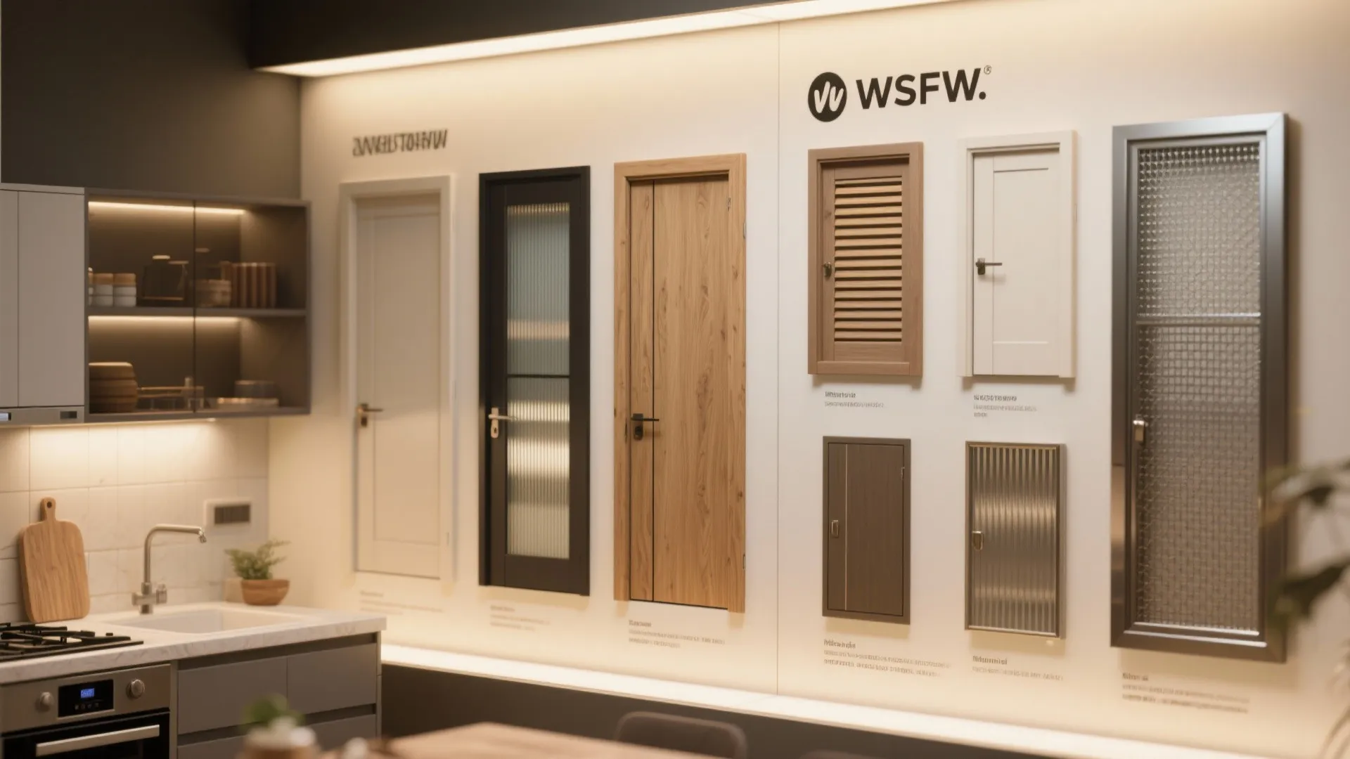 Showroom wall displaying various interior door styles and kitchen cabinet samples in a modern house