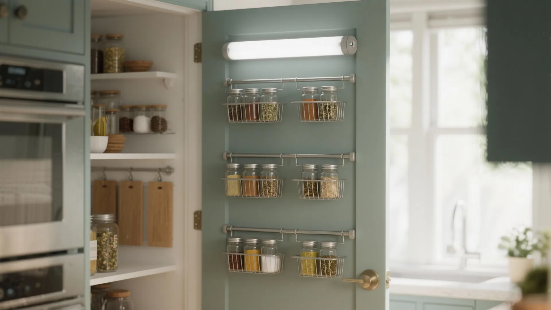 Pantry door equipped with hanging racks and slim spice panels to maximize storage without using shelves.