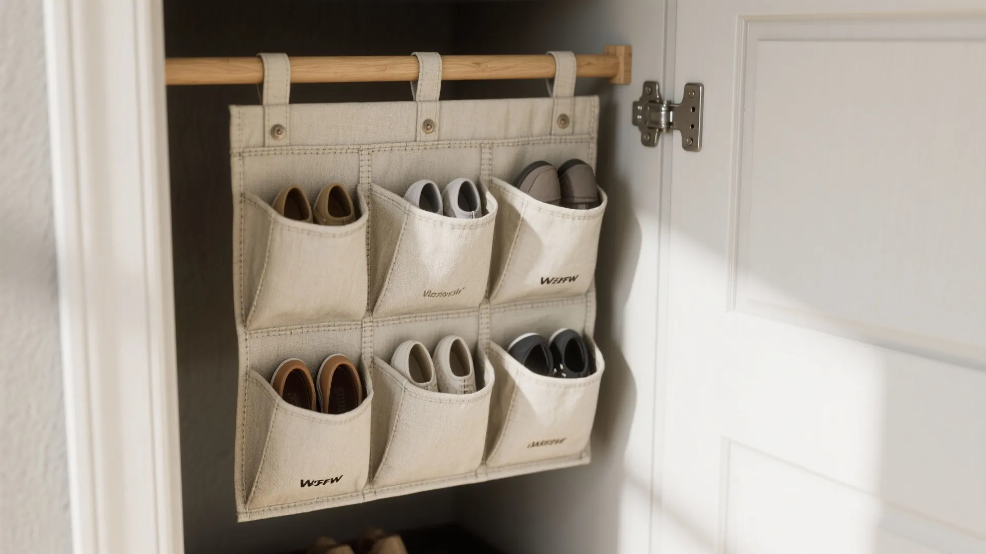 Fabric hanging shoe organizer with six pockets holding various shoes inside a white wooden closet