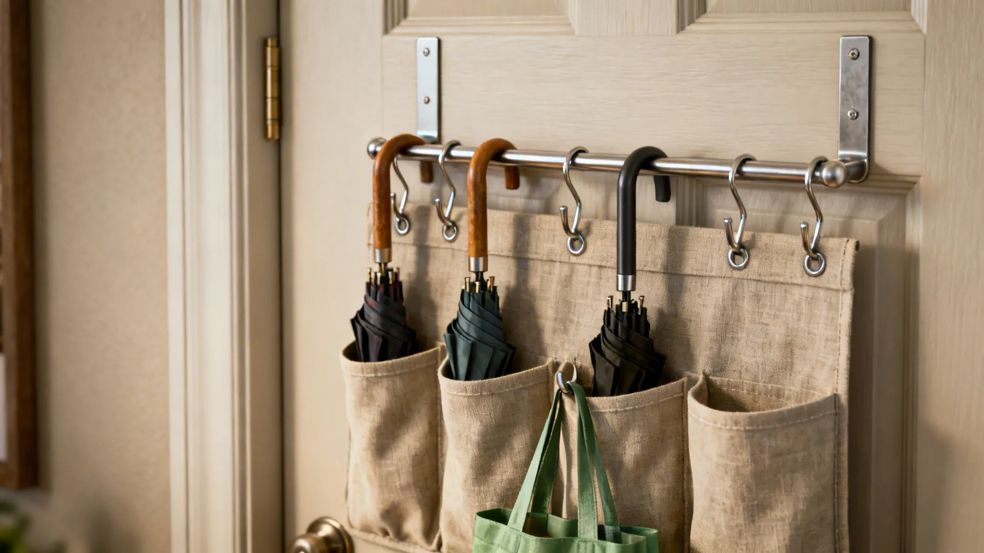 Over-the-door organizer holding umbrellas and reusable bags behind an entry door