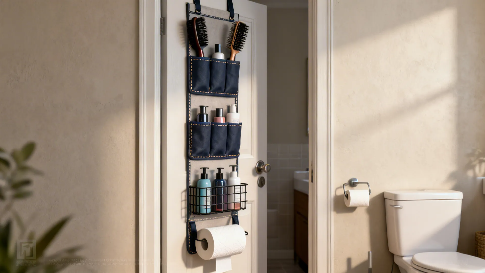 Over-the-door organizer with pockets holding hair tools and supplies on a bathroom door