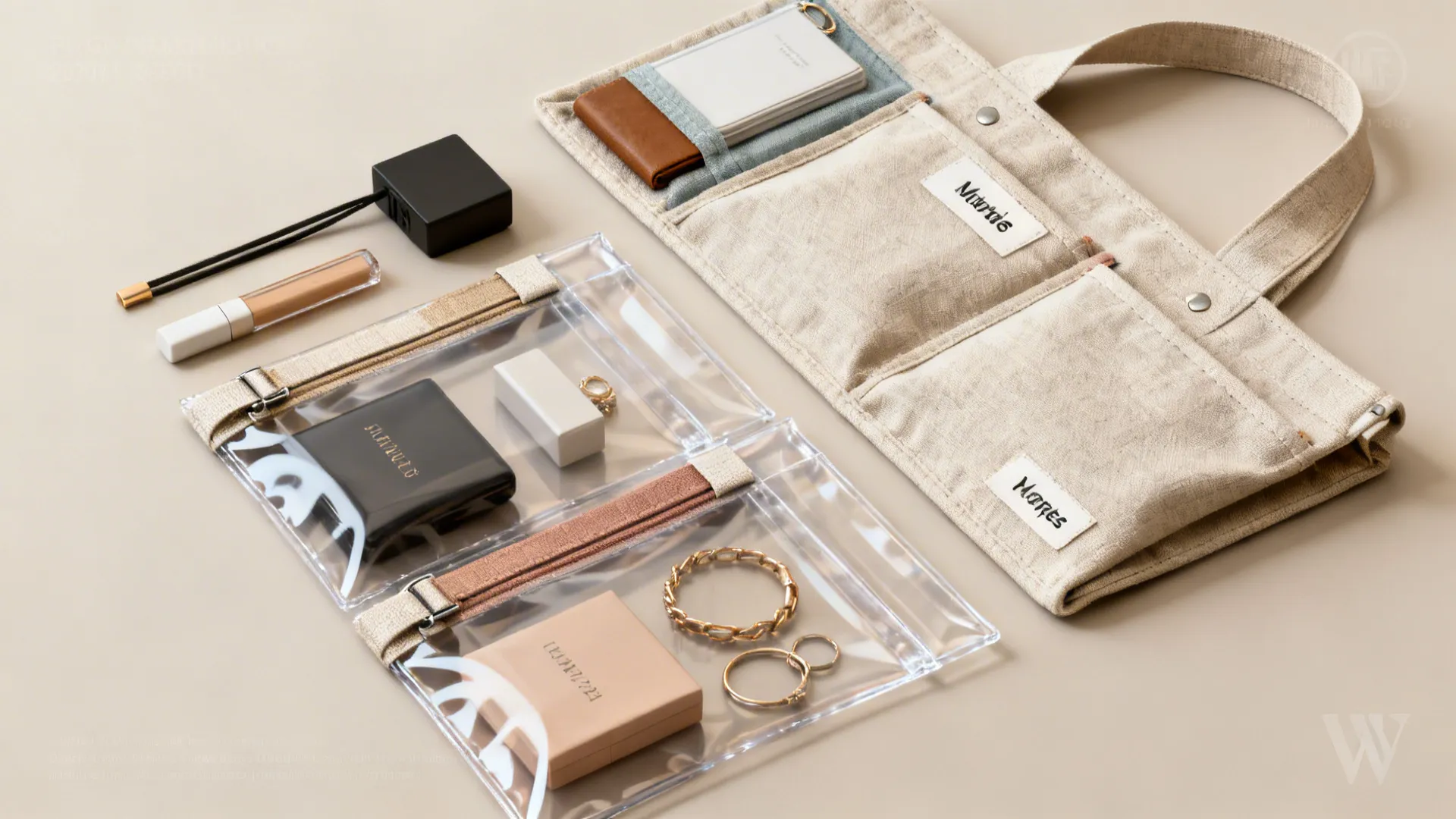 Flatlay of custom over-the-door organizer components with clear pouches and dividers.