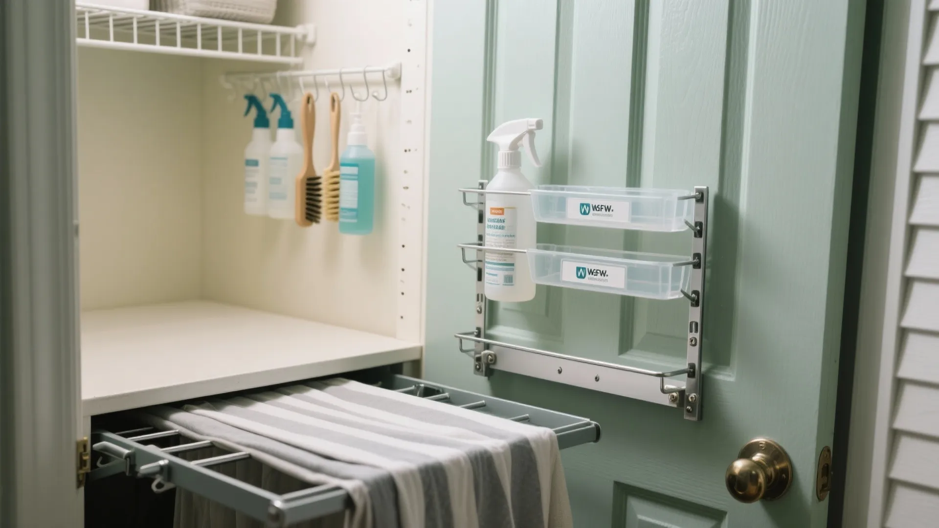 Close-up of an inside closet door with over-the-door racks and a fold-down folding station holding bottles and brushes.