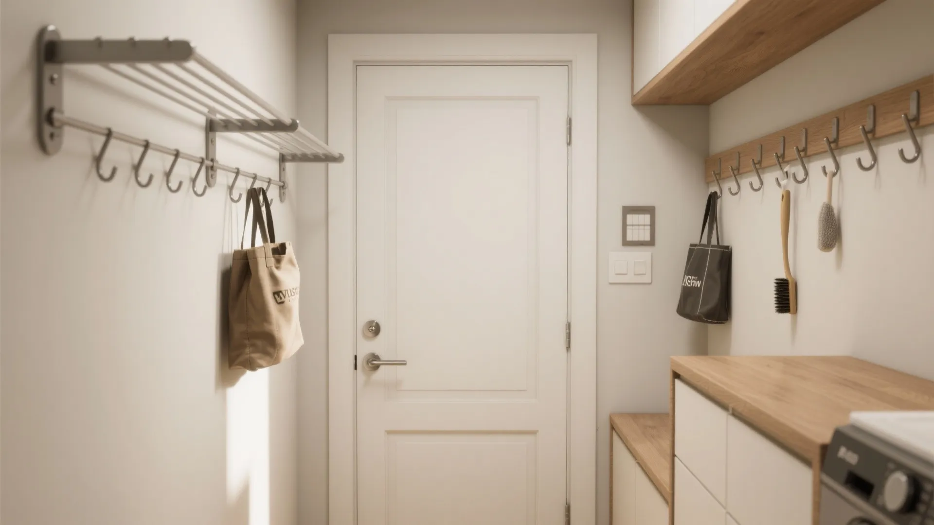 Small entryway with white door metal wall hooks wooden shelves and cabinets for home organization