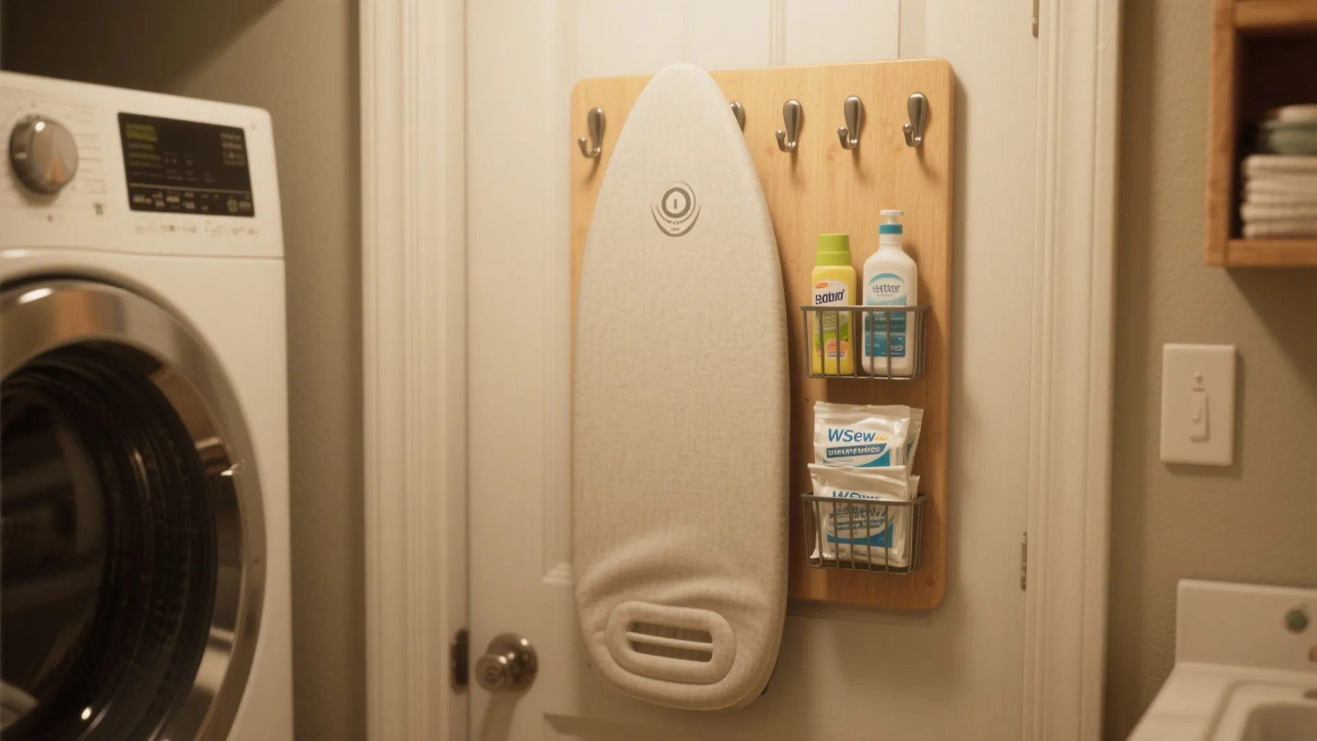 Compact door organizer holding folded ironing board metal hooks and baskets for laundry cleaning supplies