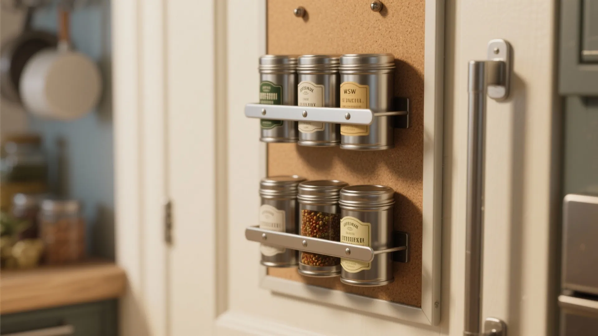 Magnetic spice rack with small metal containers mounted on a cork board inside a kitchen