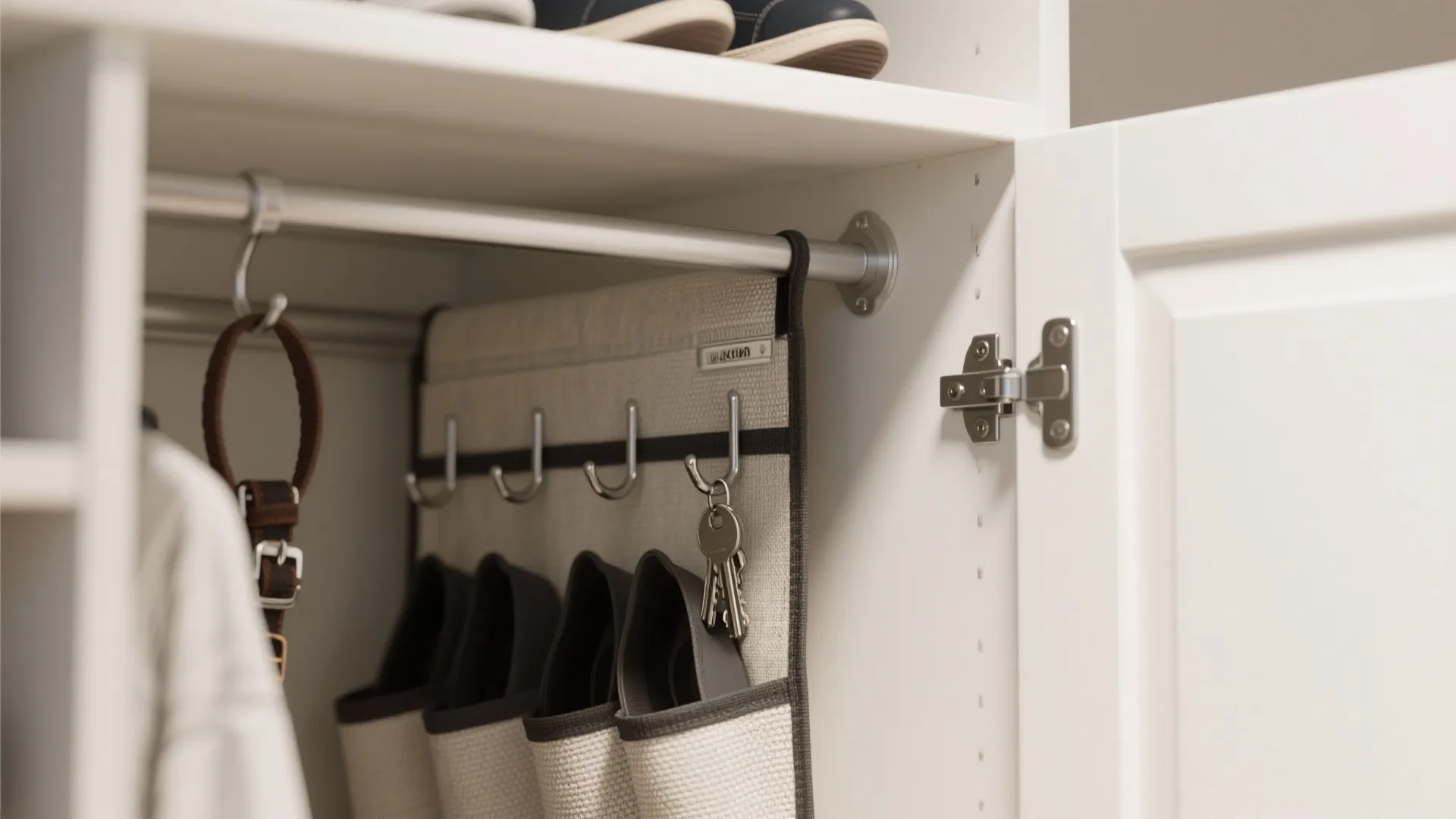 Inside white closet showing hanging organizer with hooks for keys and pockets for small items