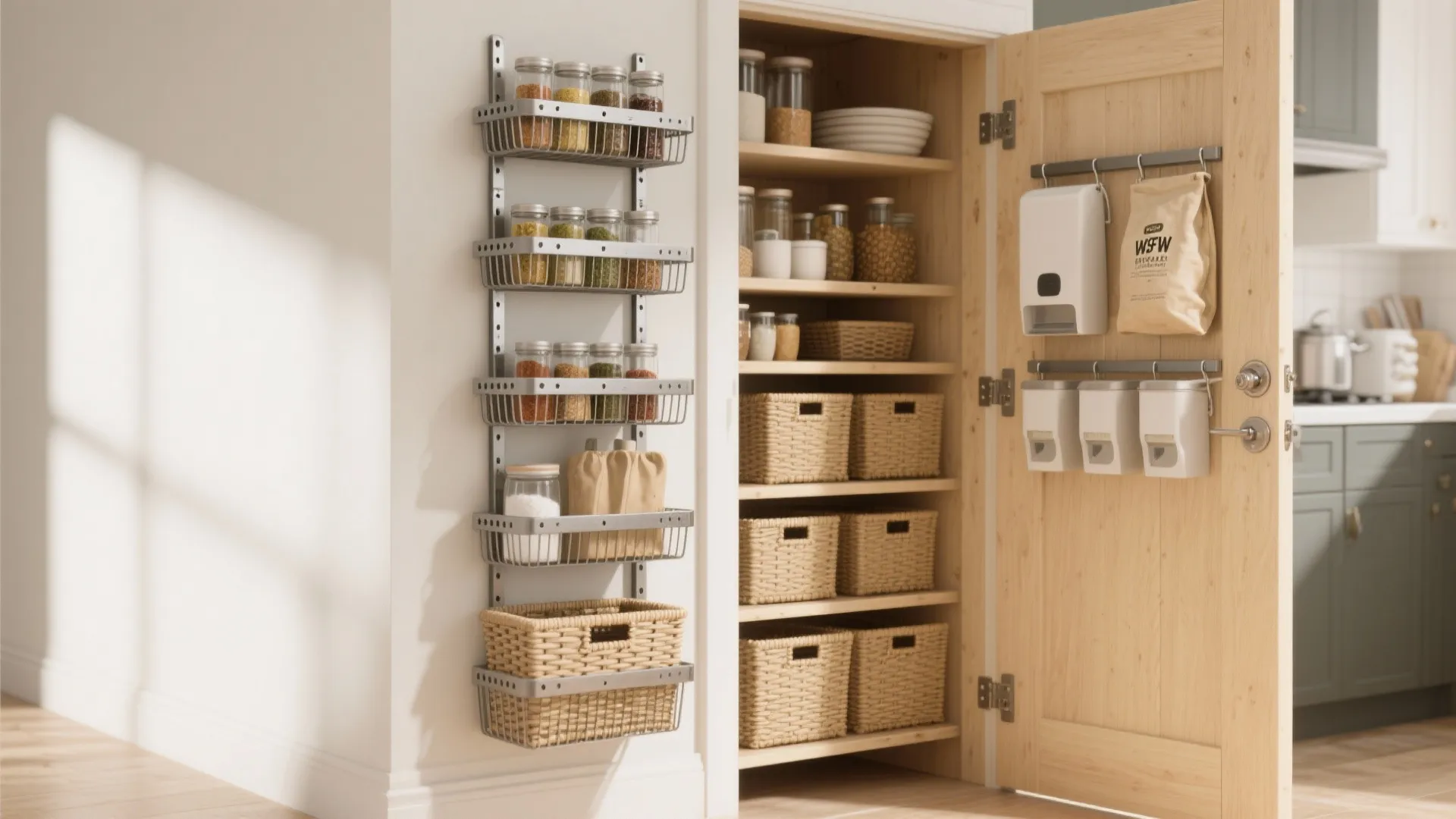 Pantry door organizer with spice jars and wire baskets next to shelves filled with woven boxes
