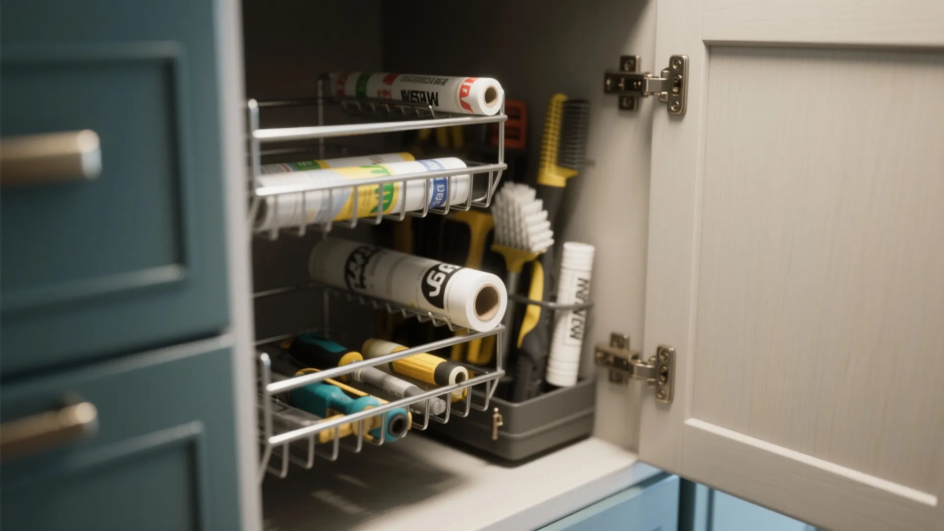 5. Cabinet door organizers and tiered shelving