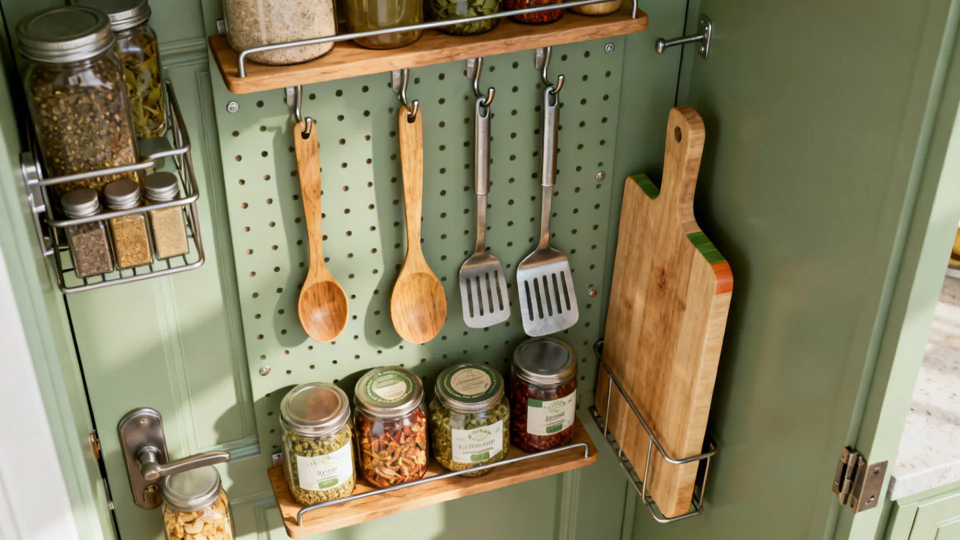 Inside of a pantry door fitted with racks, pegboard utensils and cutting board storage.