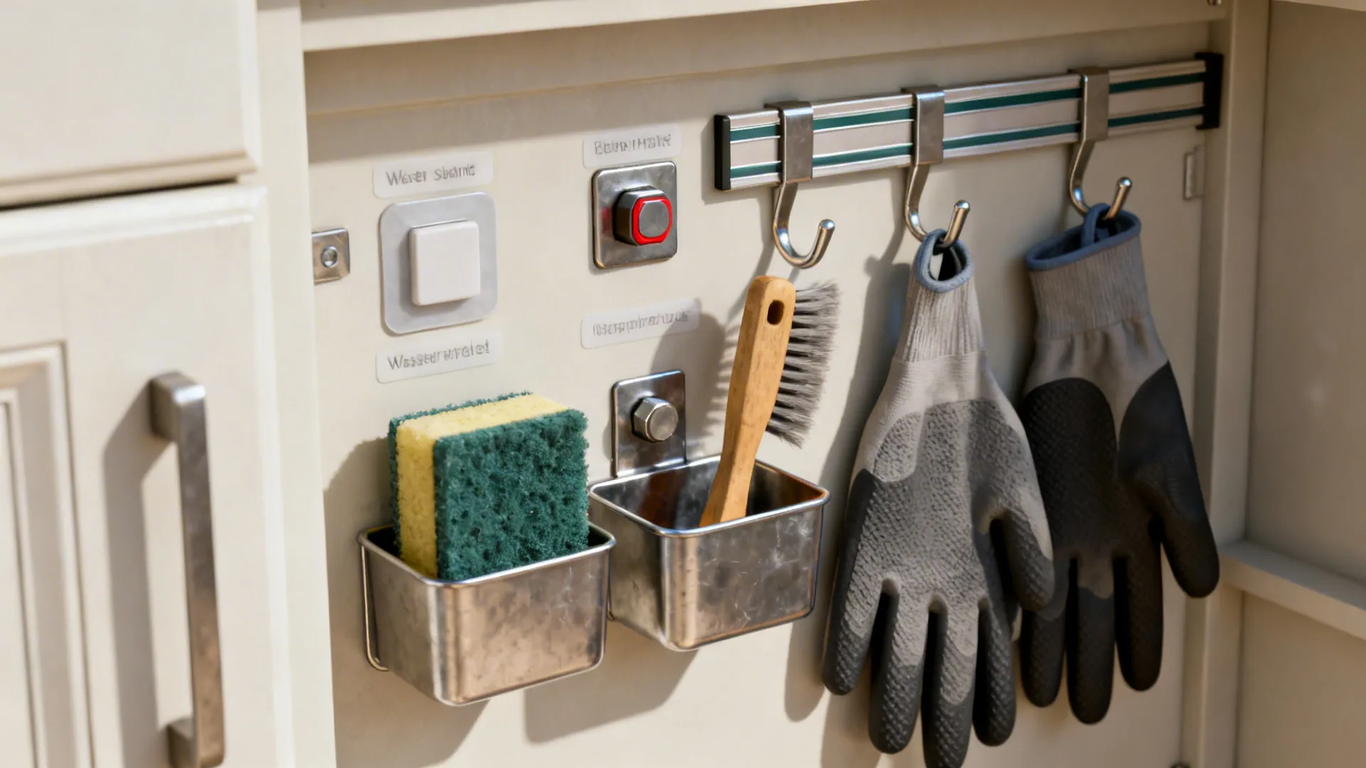 Inside of a cabinet door with magnetic strips, adhesive hooks, and small caddies holding cleaning tools.