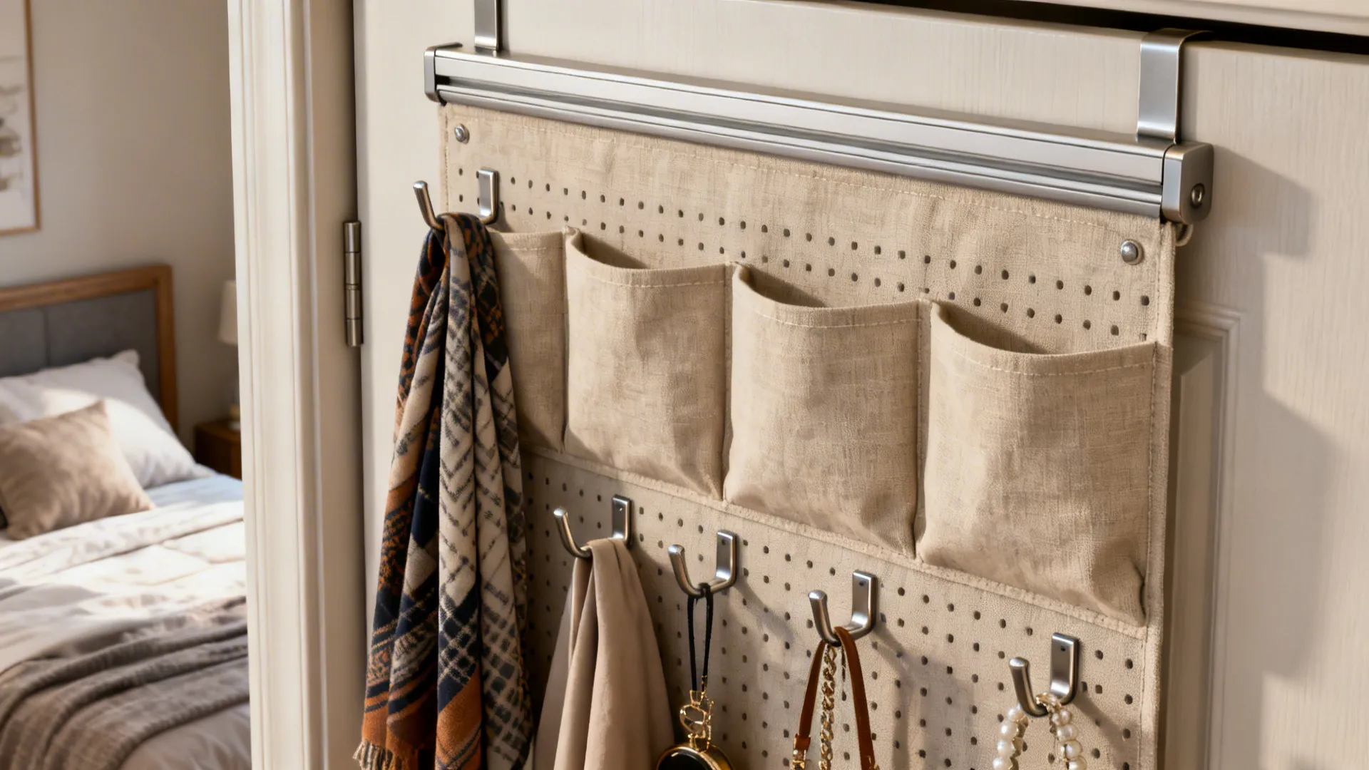 Slim over-door organizer and inside-closet rack with pockets and hooks for accessories.