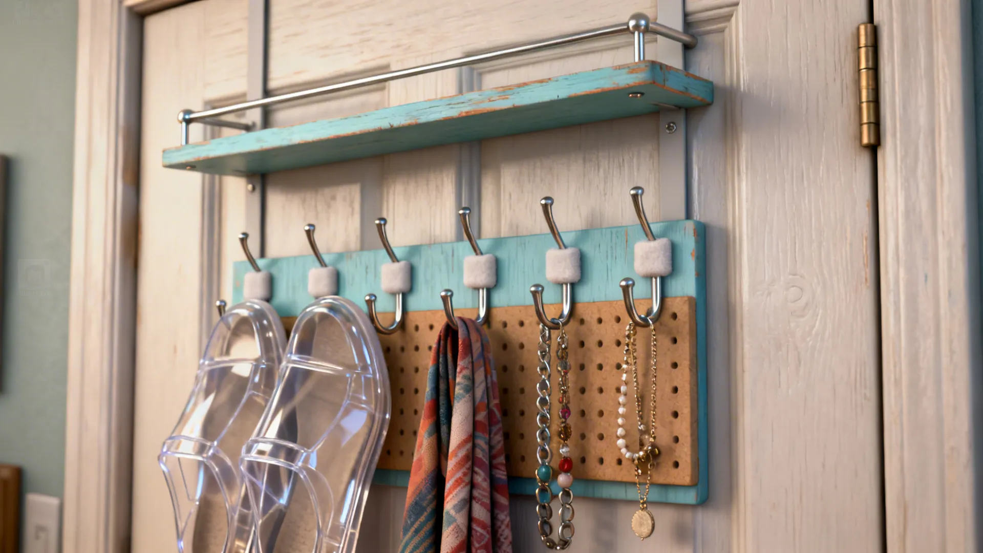 Blue wood door organizer with metal hooks holding clear shoes a scarf and hanging jewelry