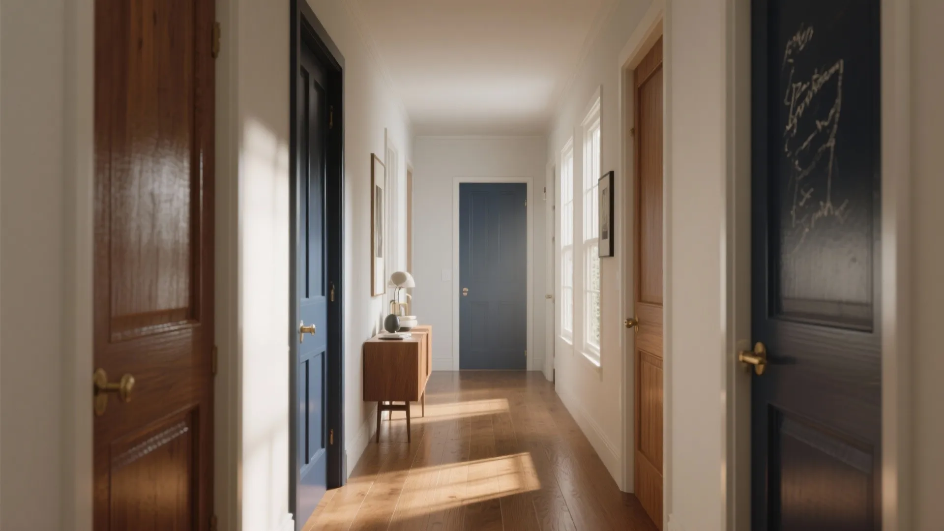 Bright white hallway with wooden floors featuring several blue and brown painted interior bedroom doors