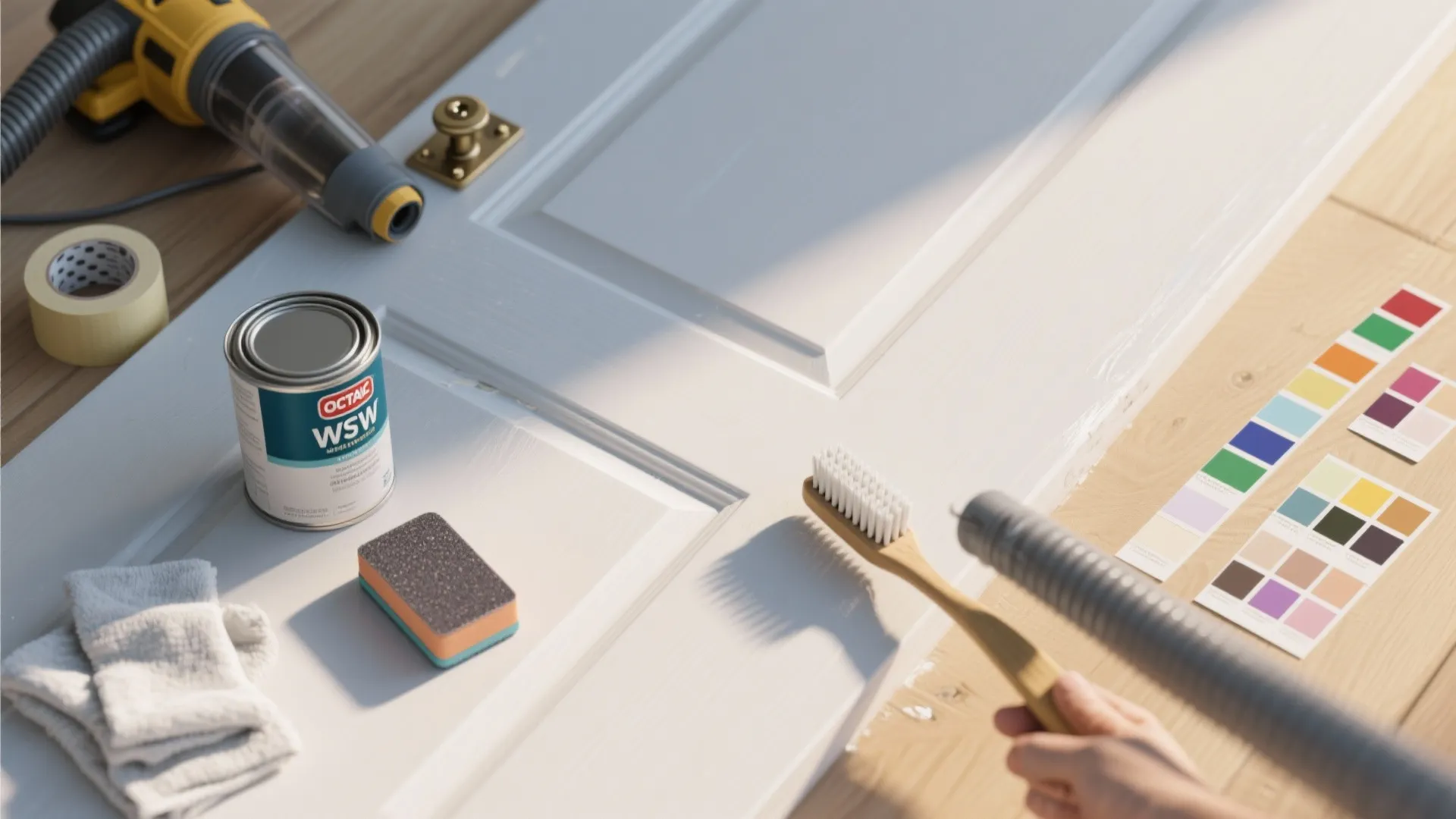Hand using a brush to clean a white wooden door near paint can and tools