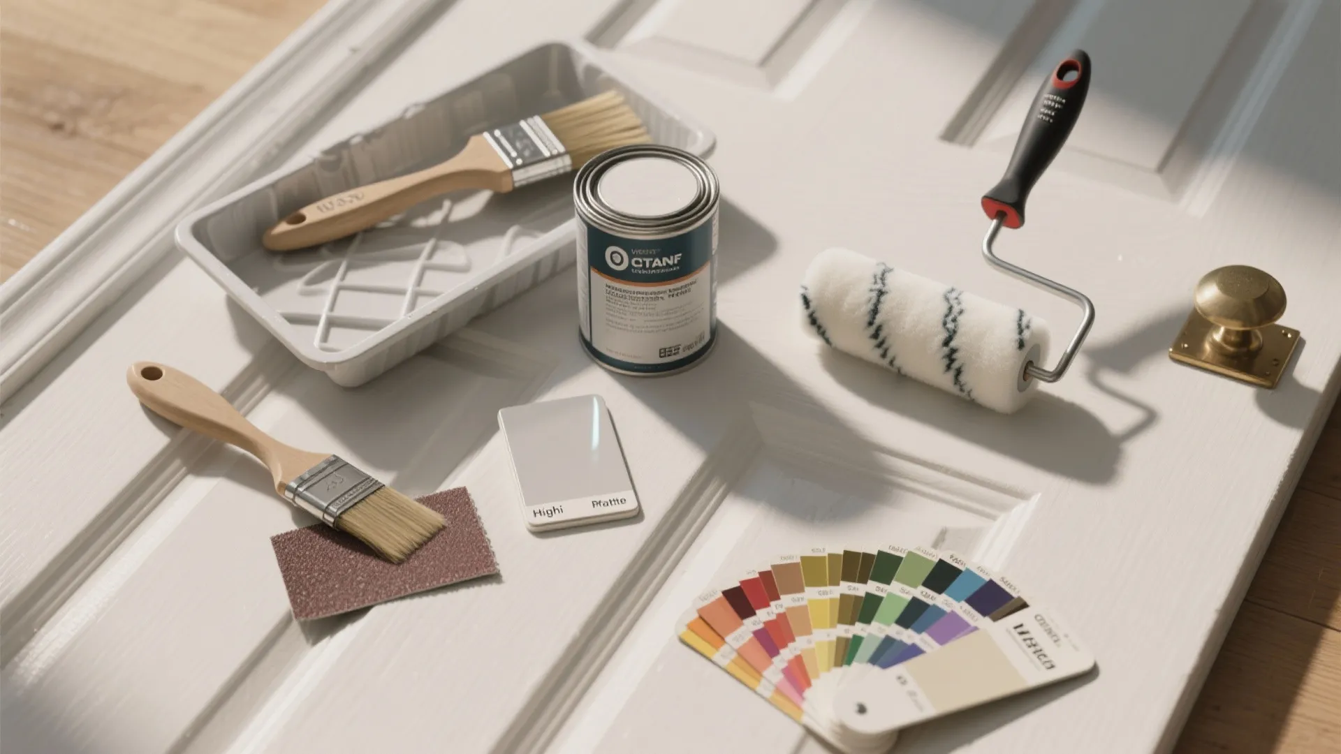 Door painting tools including brushes paint can roller sandpaper and colorful color swatches on door