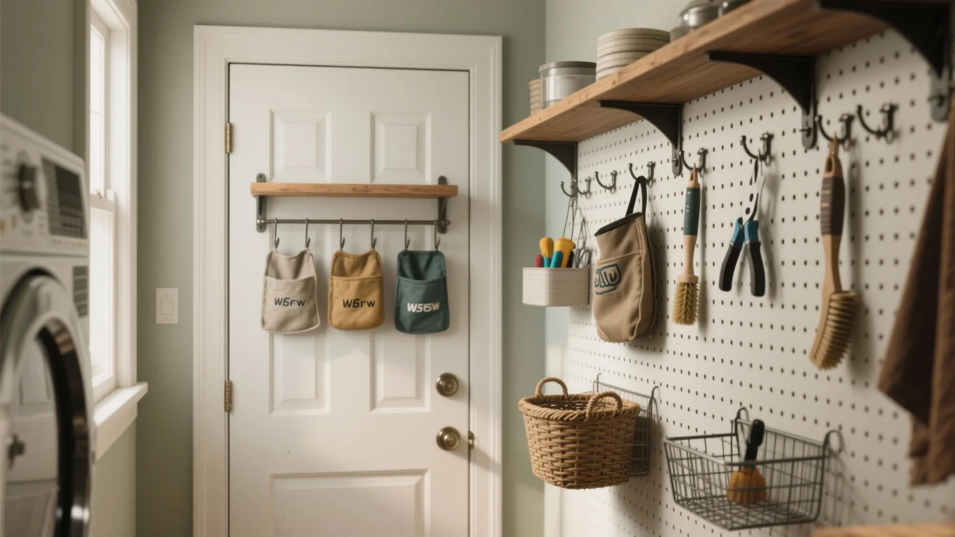 White wall with pegboard storage for tools and small hanging bags behind a white door
