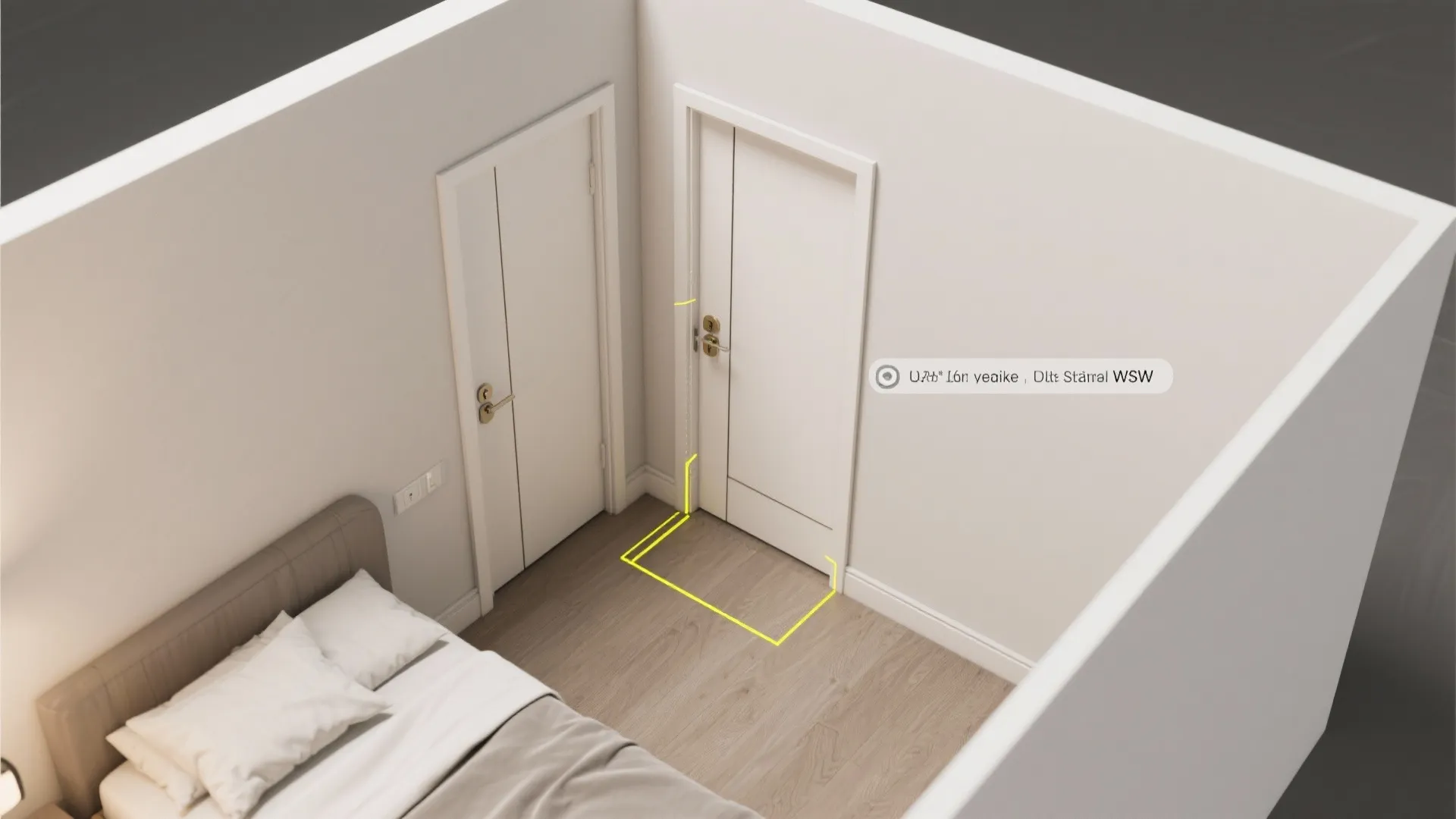 Interior design drawing showing a 3D bedroom corner with white doors and yellow layout lines