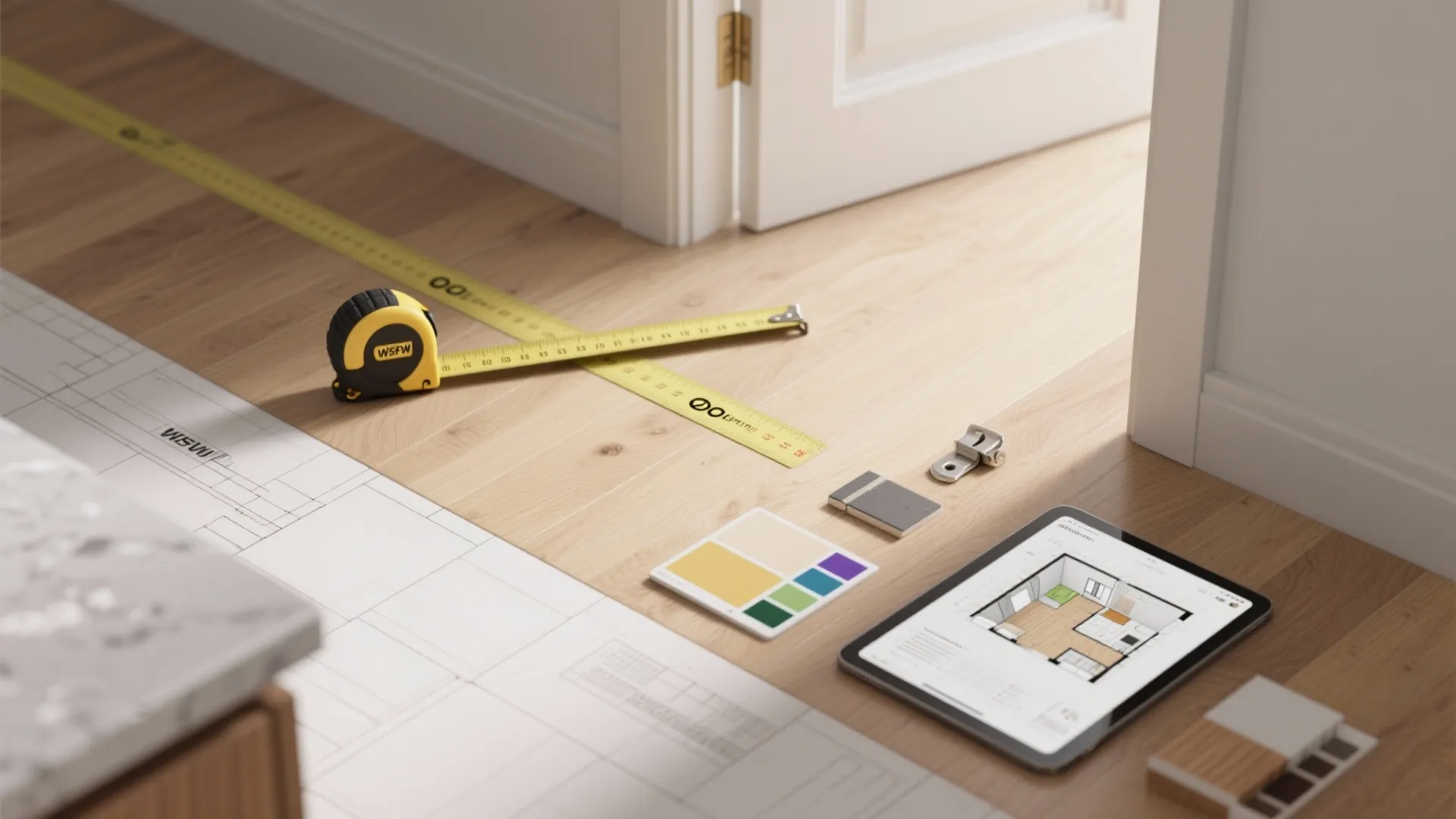 Flatlay of door planning tools: tape mockup, measuring tape, hinge samples, paint swatches and a 3D floor planner on tablet.