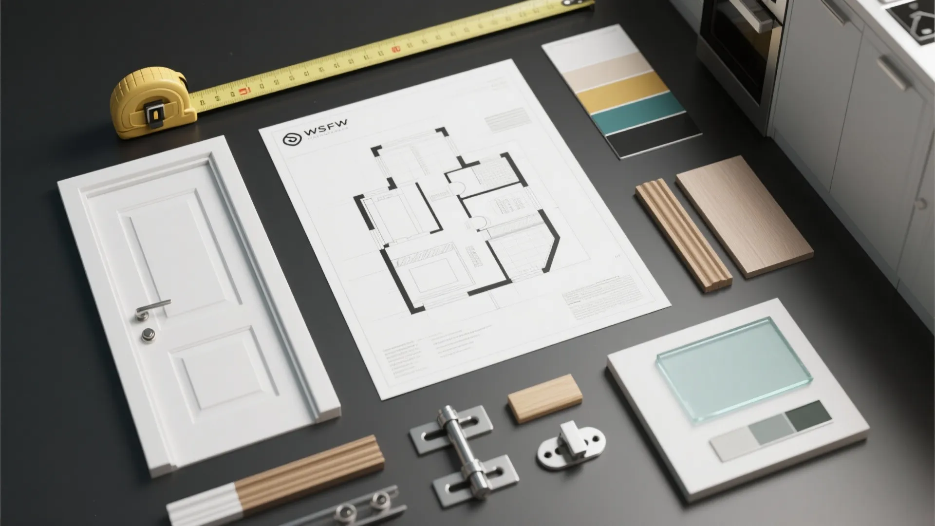 Top-down flatlay of door planning tools: tape measure, 3D plan, hardware samples, and glass swatches.