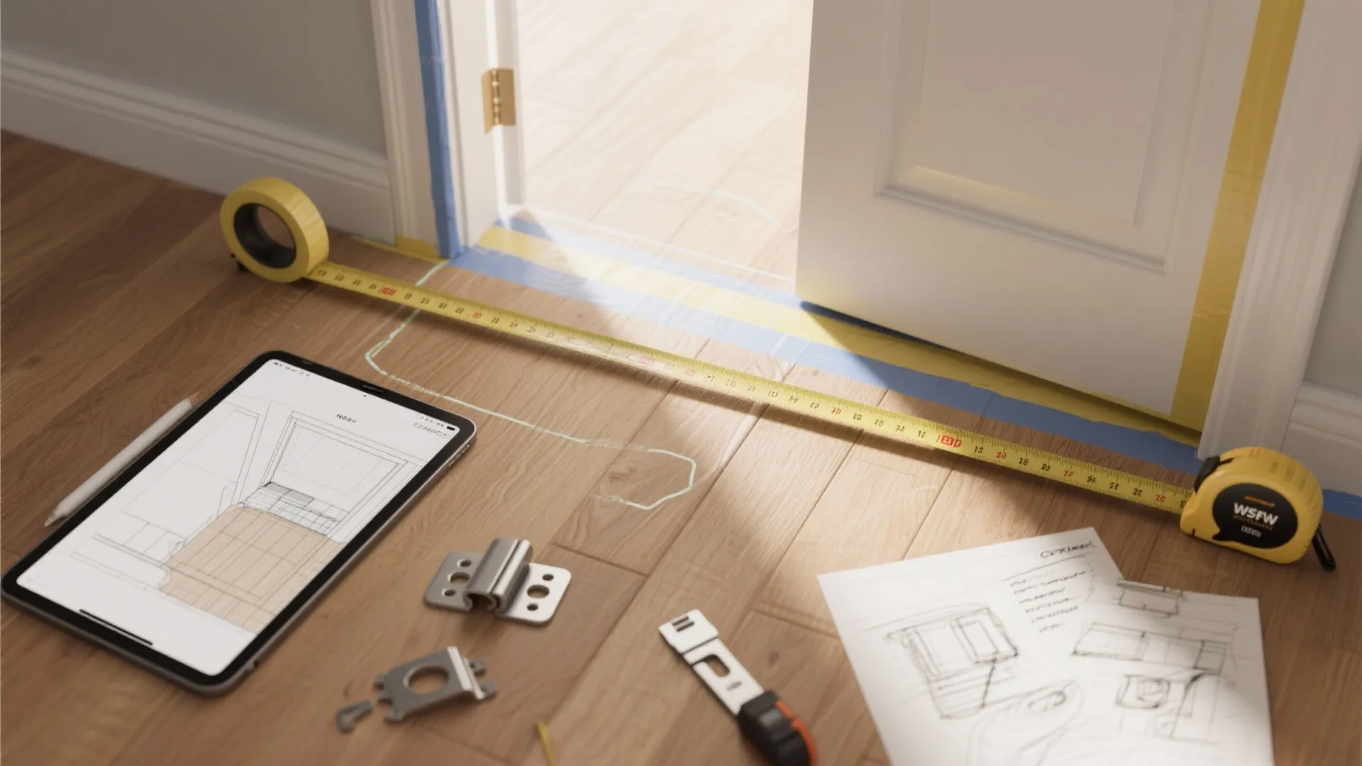 Flatlay showing painter's-tape door swing mockup, measuring tape and a tablet with a 3D room planner.